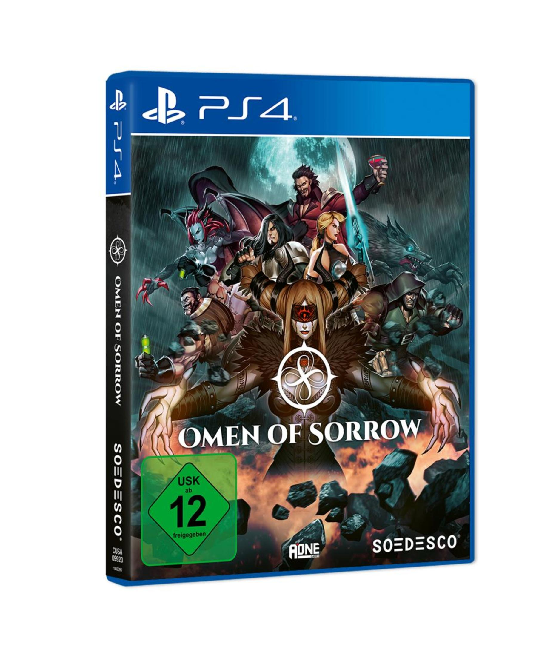 Spielcover: Omen of Sorrow, mit mehreren Charakteren, auf einer PS4-Spielhülle. Deutscher Text.