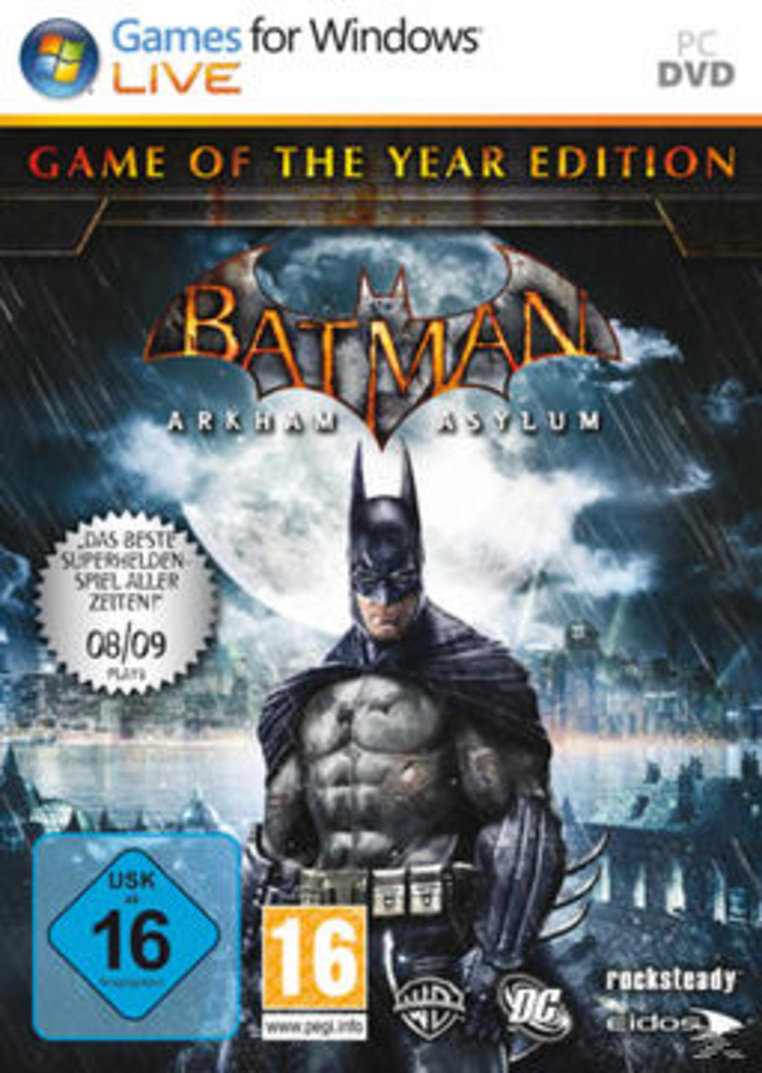 Spielcover für Batman: Arkham Asylum. Batman steht mit Umhang vor Vollmond.