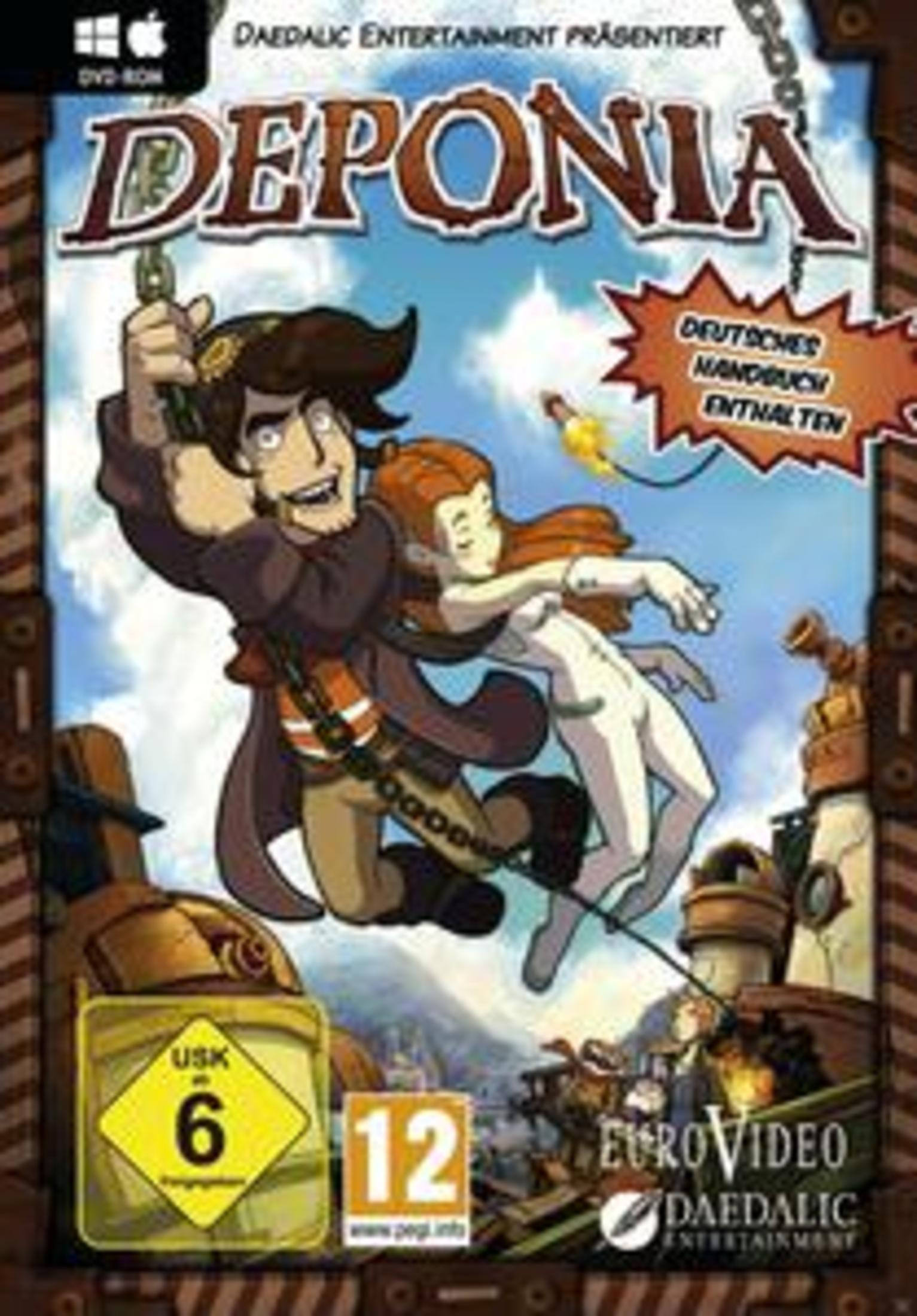 Spiel-Box-Art für 'Deponia'. Zeigt zwei Zeichentrickfiguren, eine davon hält einen Schlüssel und fliegt.