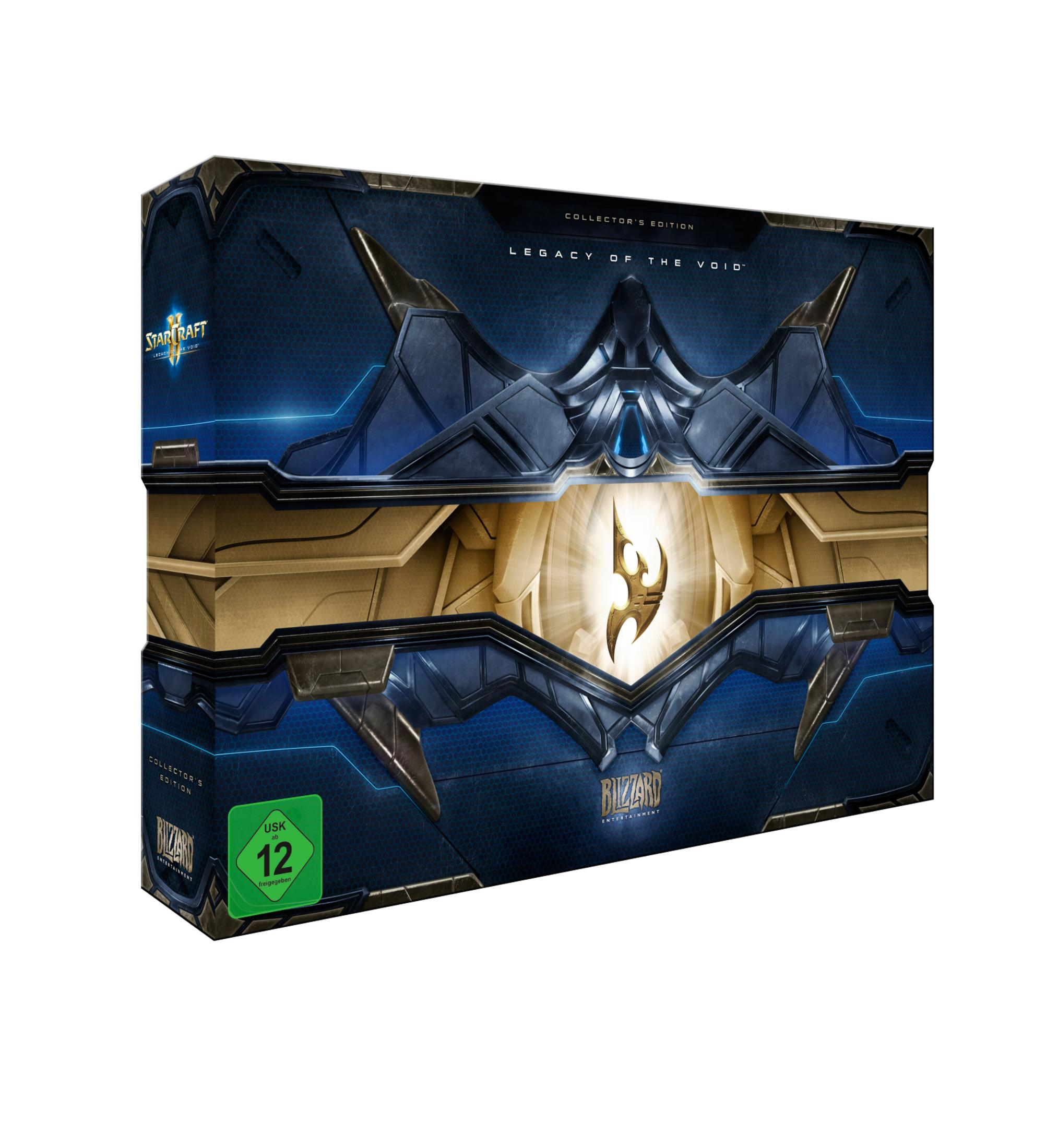 StarCraft II Collector's Edition-Box, mit blauem und goldenem Design und Logo.