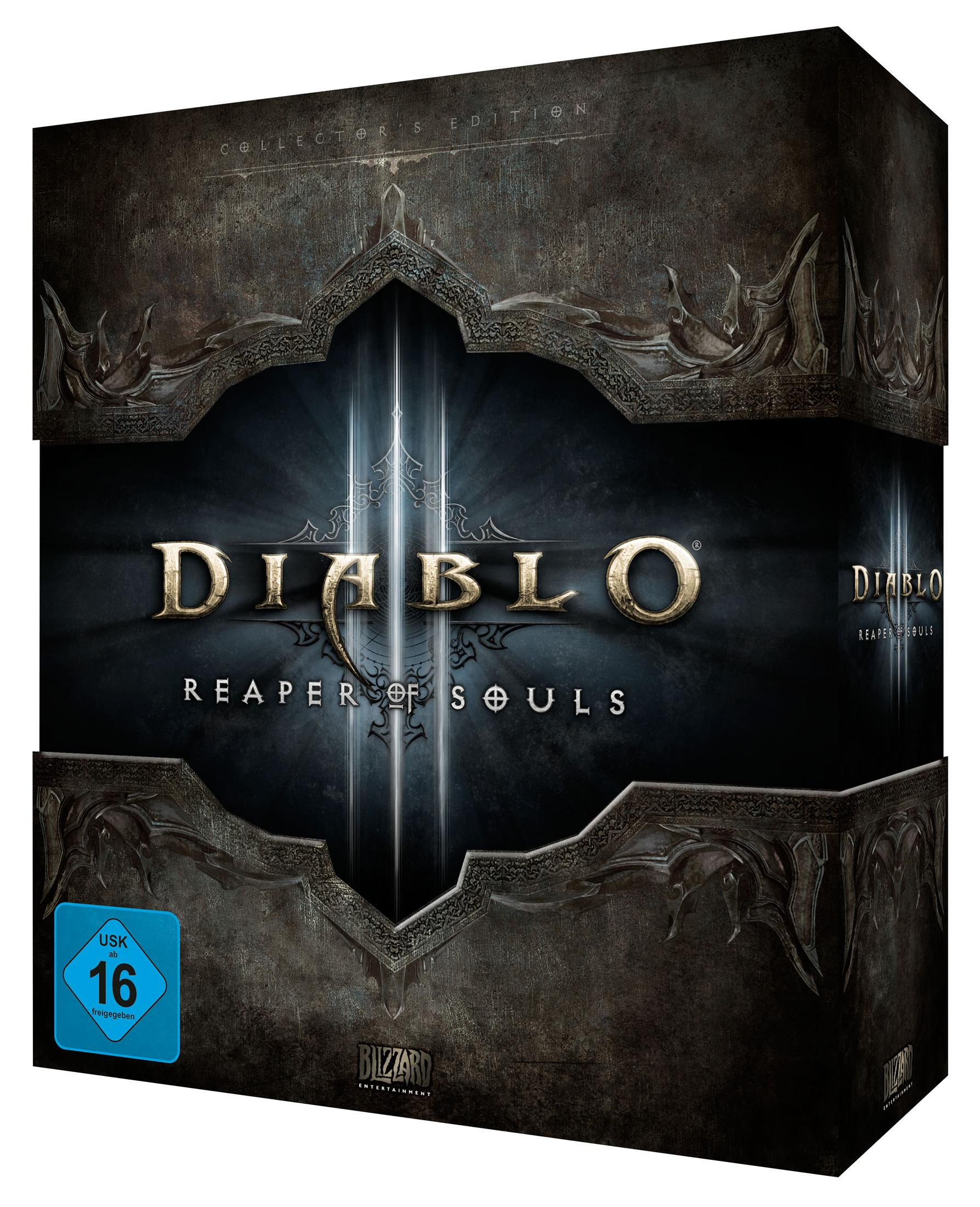 Spiel-Cover mit Diablo Reaper of Souls Logo auf dunklem Hintergrund. Collector's Edition.