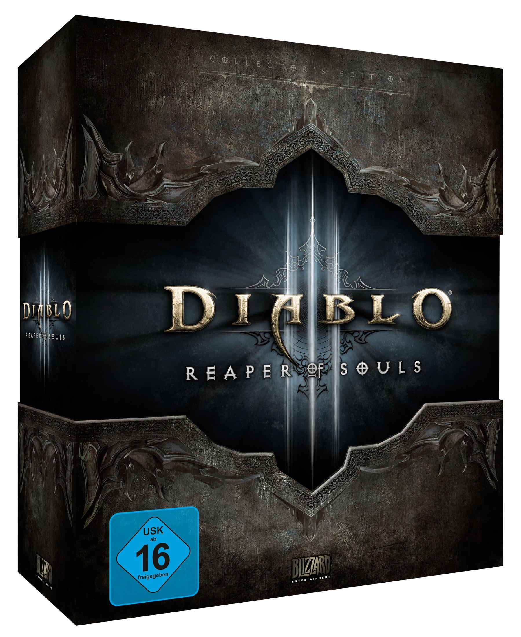 'Diablo: Reaper of Souls' Collector's Edition Box. Dunkles Farbschema, detaillierte Kunst und Spieltitel.