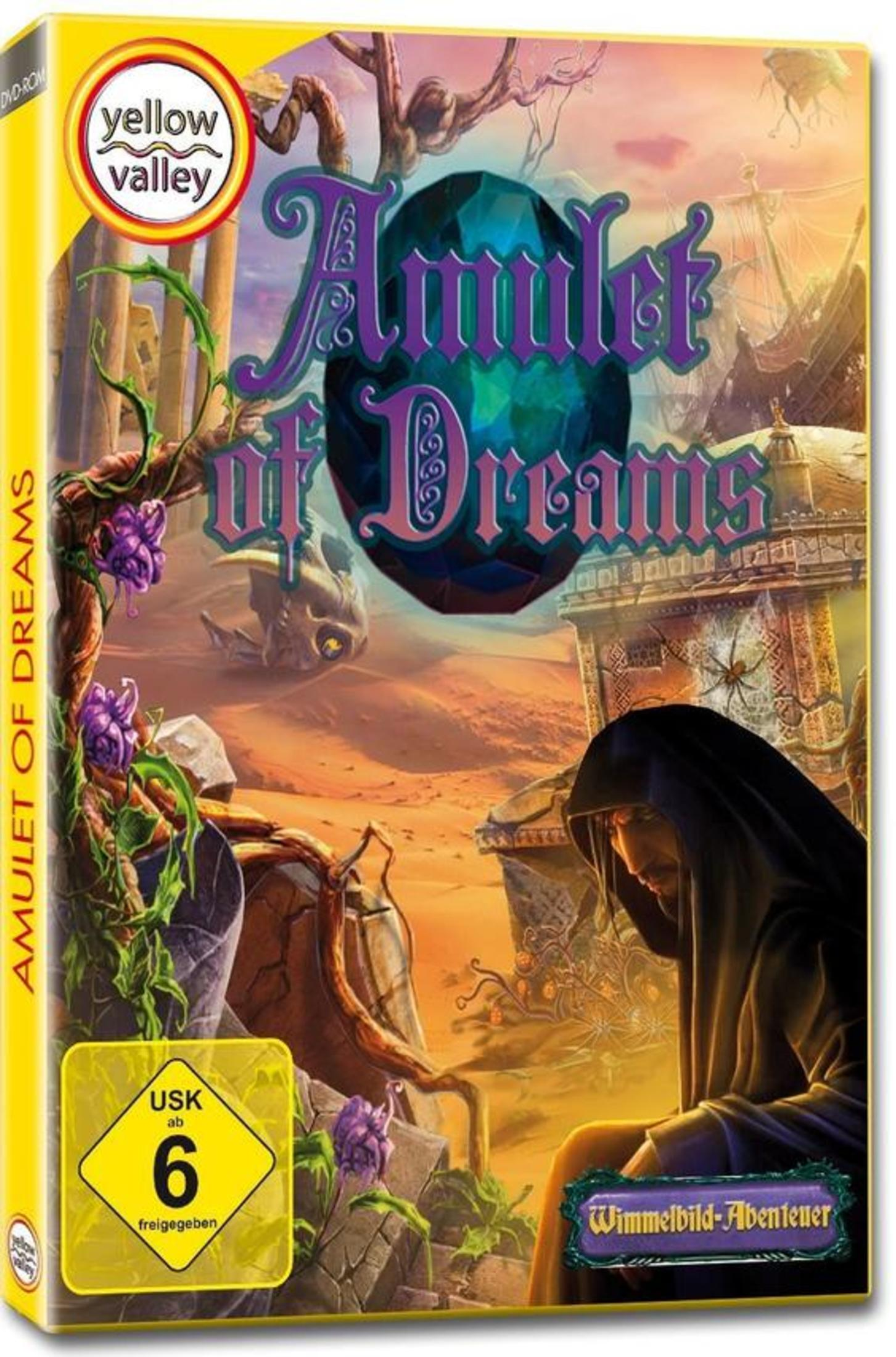 Spielbox-Art: Amulet of Dreams mit Wüstenhintergrund und einer Kapuzenfigur.