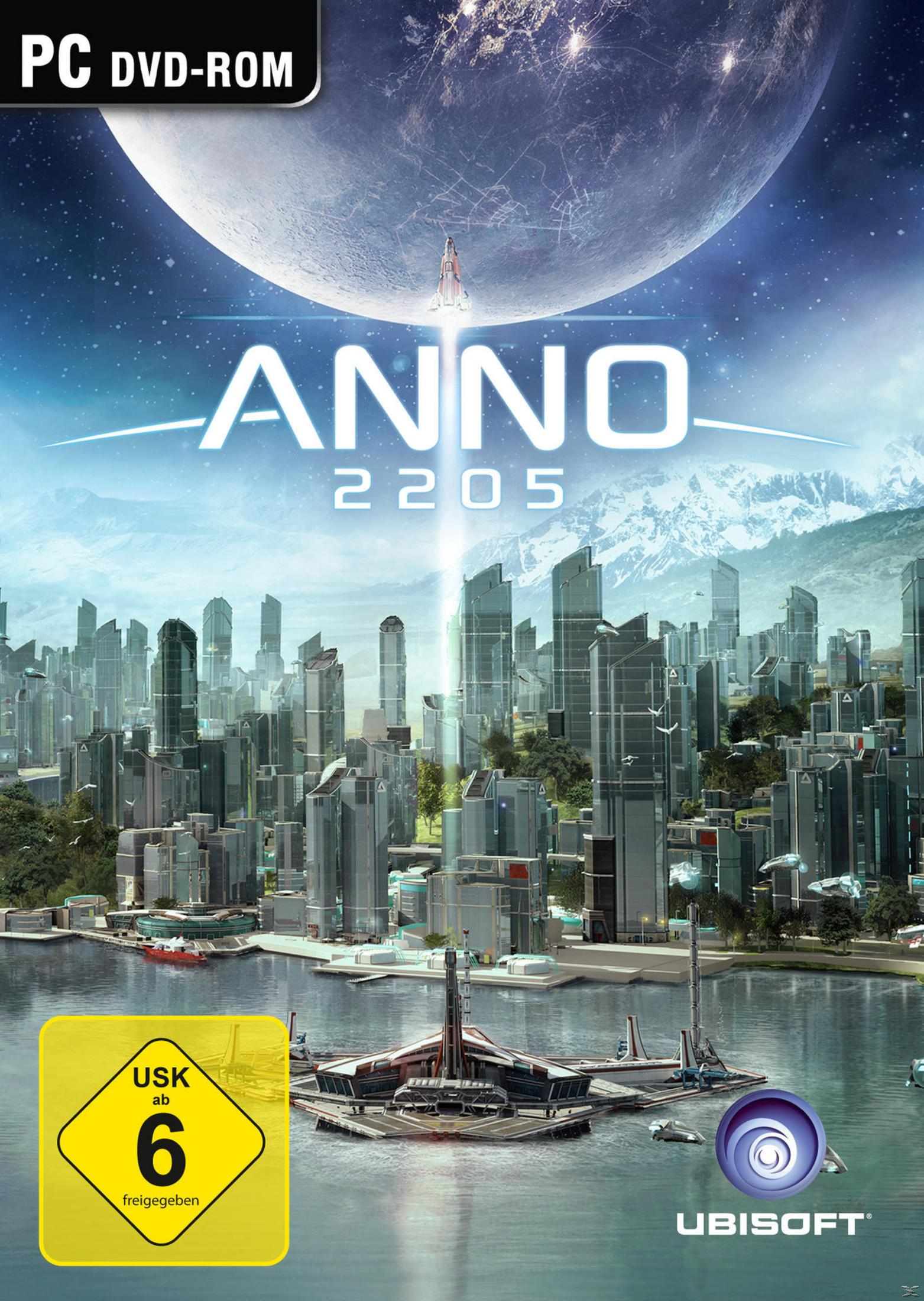 Spiel-Cover: Anno 2205, futuristische Stadt mit Raketenstart und Erde.