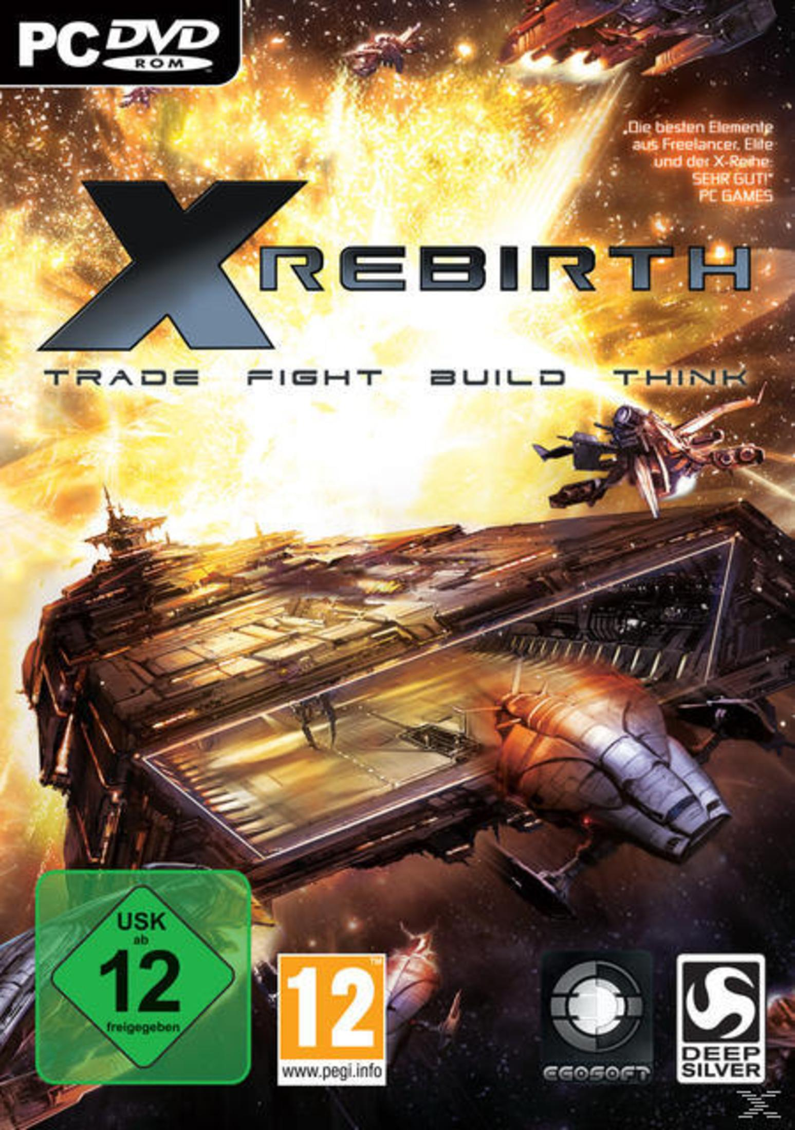 X Rebirth Spielbox. Enthält ein Raumschiff, Titel und Spieldetails.