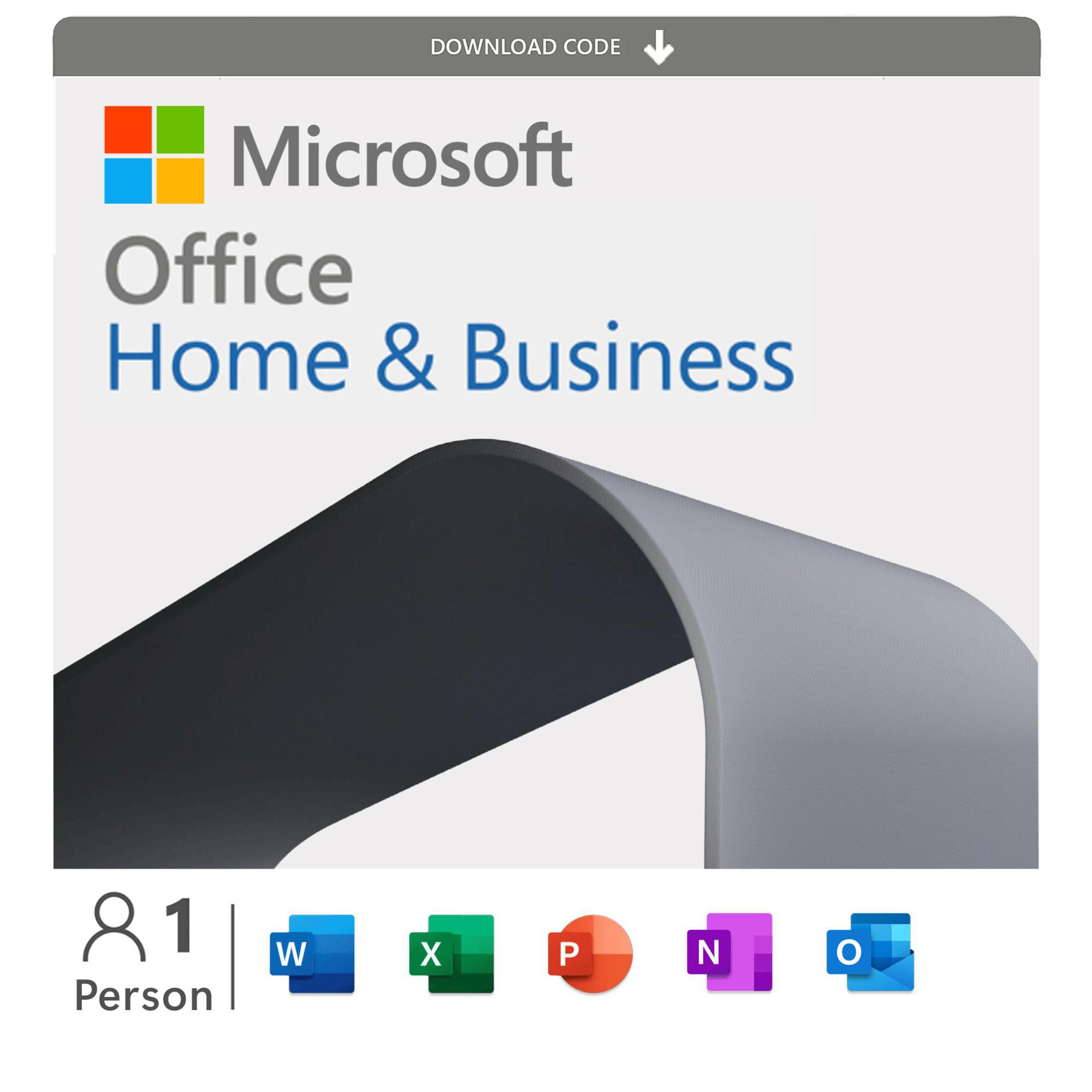 Microsoft Office Home & Business Softwarebox mit Produktsymbolen und geschwungenem Design.
