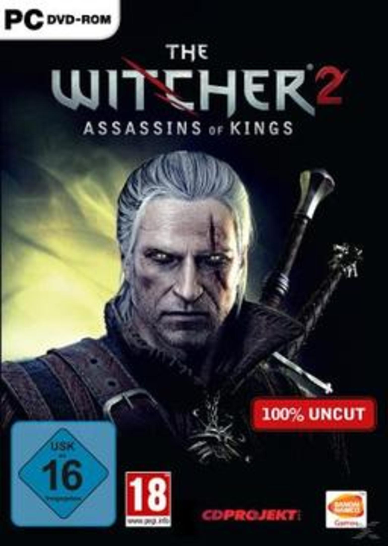Das Spielcover von The Witcher 2 zeigt einen Mann mit weißem Haar und einem Schwert. Der Text lautet 'Assassins of Kings'.