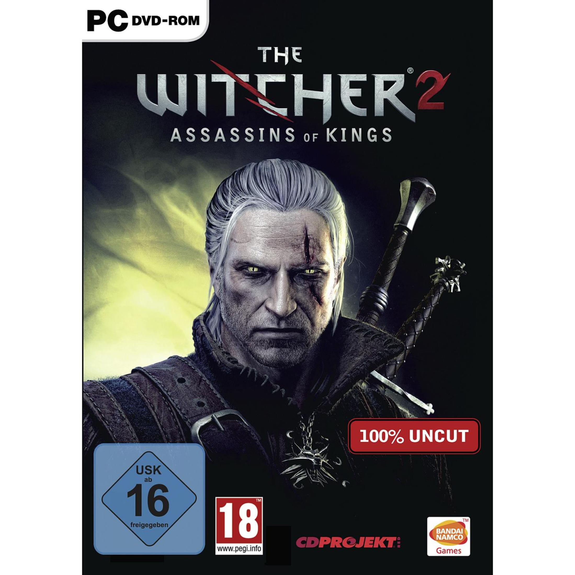 Spielcover: The Witcher 2. Geralt mit Schwertern, ernster Gesichtsausdruck.