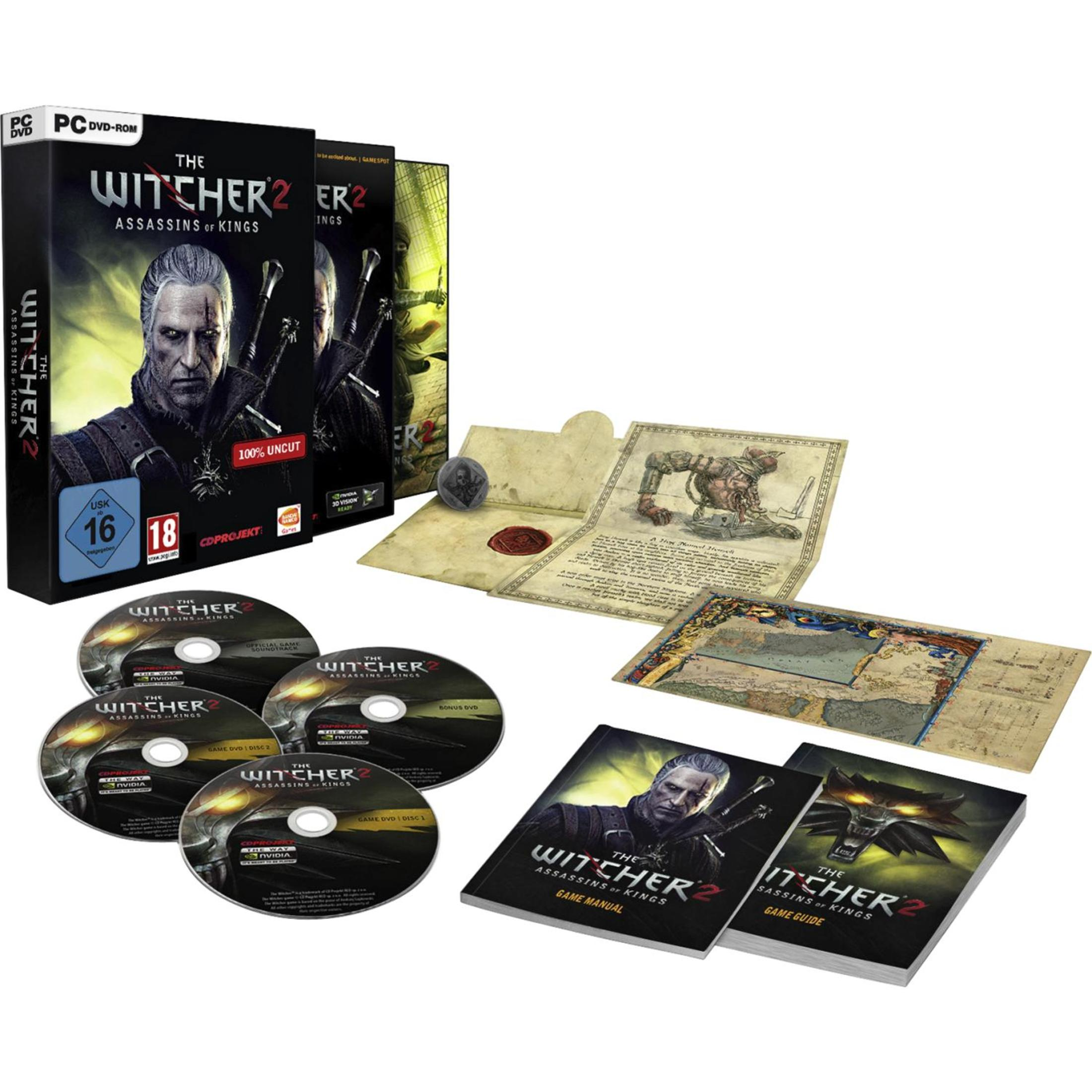 The Witcher 2 Spielbox-Set mit Spiel-Discs und Broschüren auf Weiß.