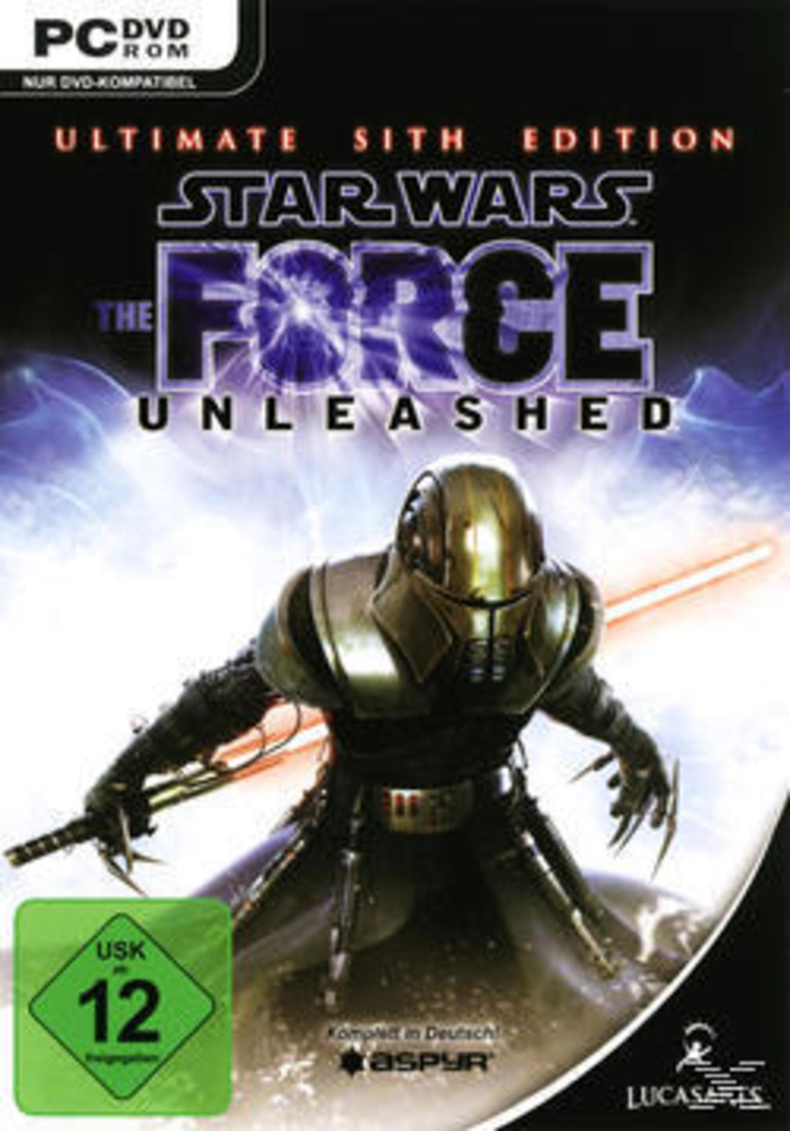 Spielbox-Art: Star Wars The Force Unleashed. Ein Sith in Rüstung hält ein Lichtschwert.