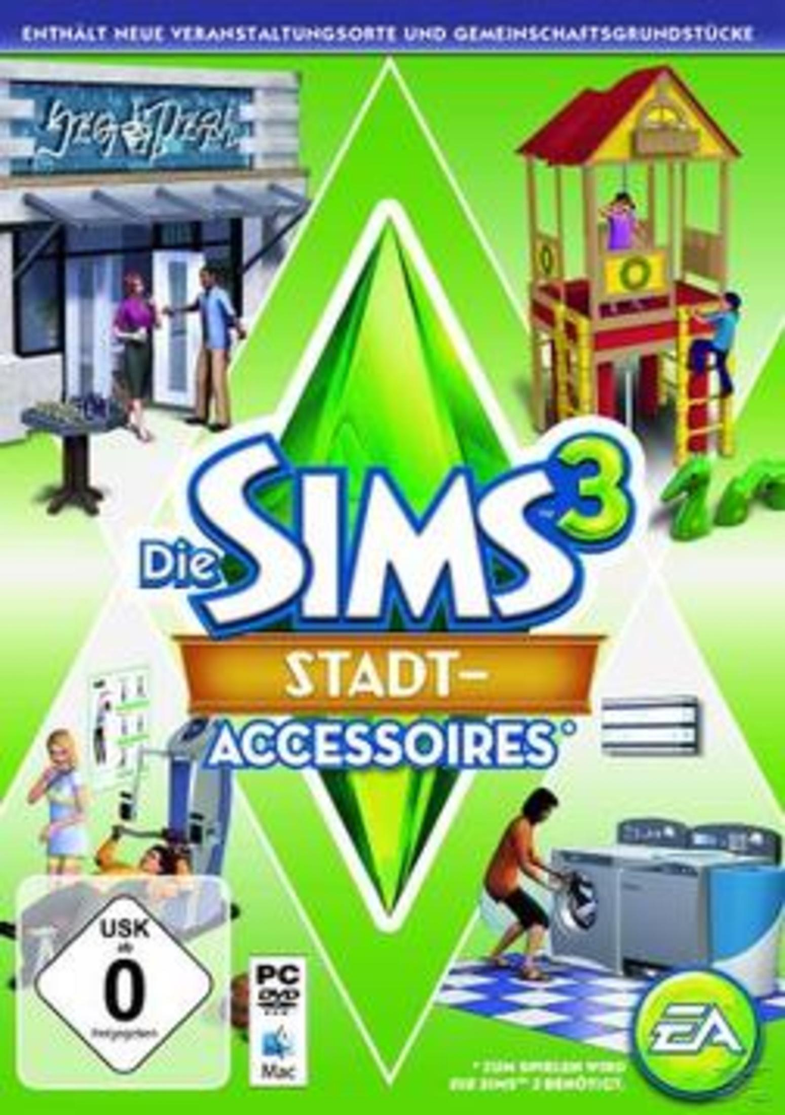 Spielcover für 'Die Sims 3'. Grüne Diamantenform mit Charakteren, die mit Objekten interagieren.