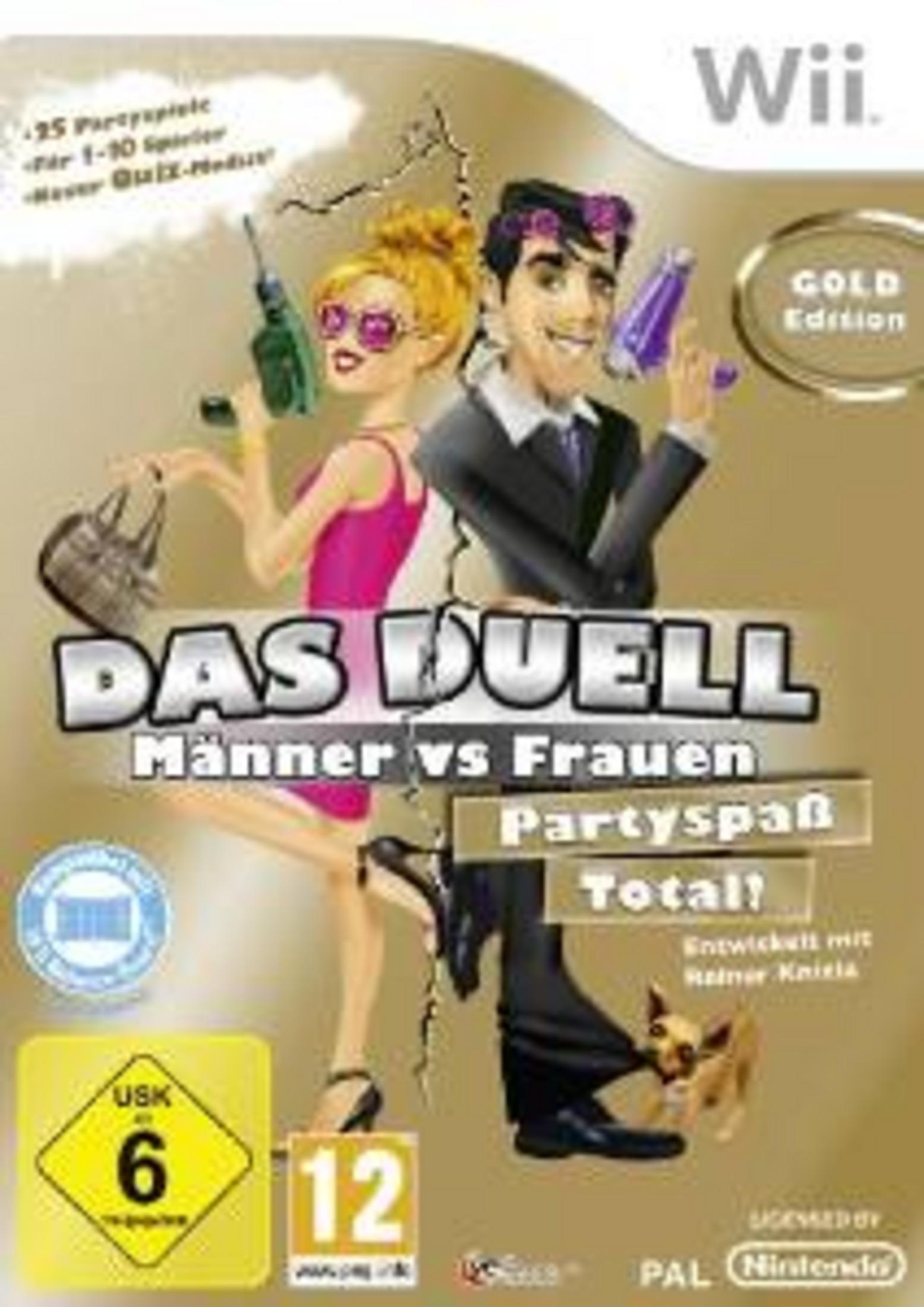 Spielcover für 'Das Duell'. Ein Mann und eine Frau stehen mit Objekten.
