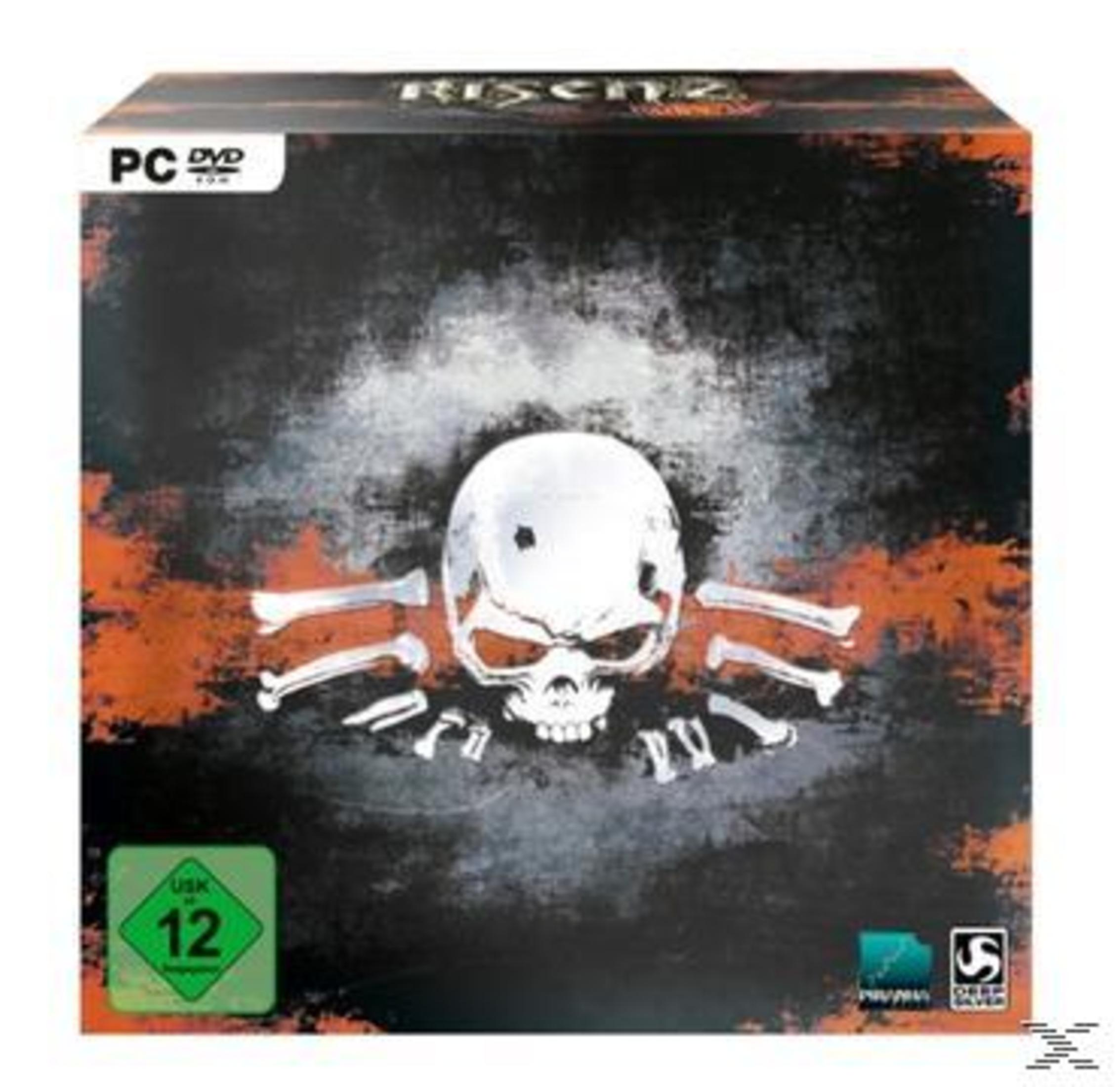 Spielbox-Art für Risen 2. Zeigt einen Totenkopf mit Knochen auf einem dunklen, strukturierten Hintergrund.