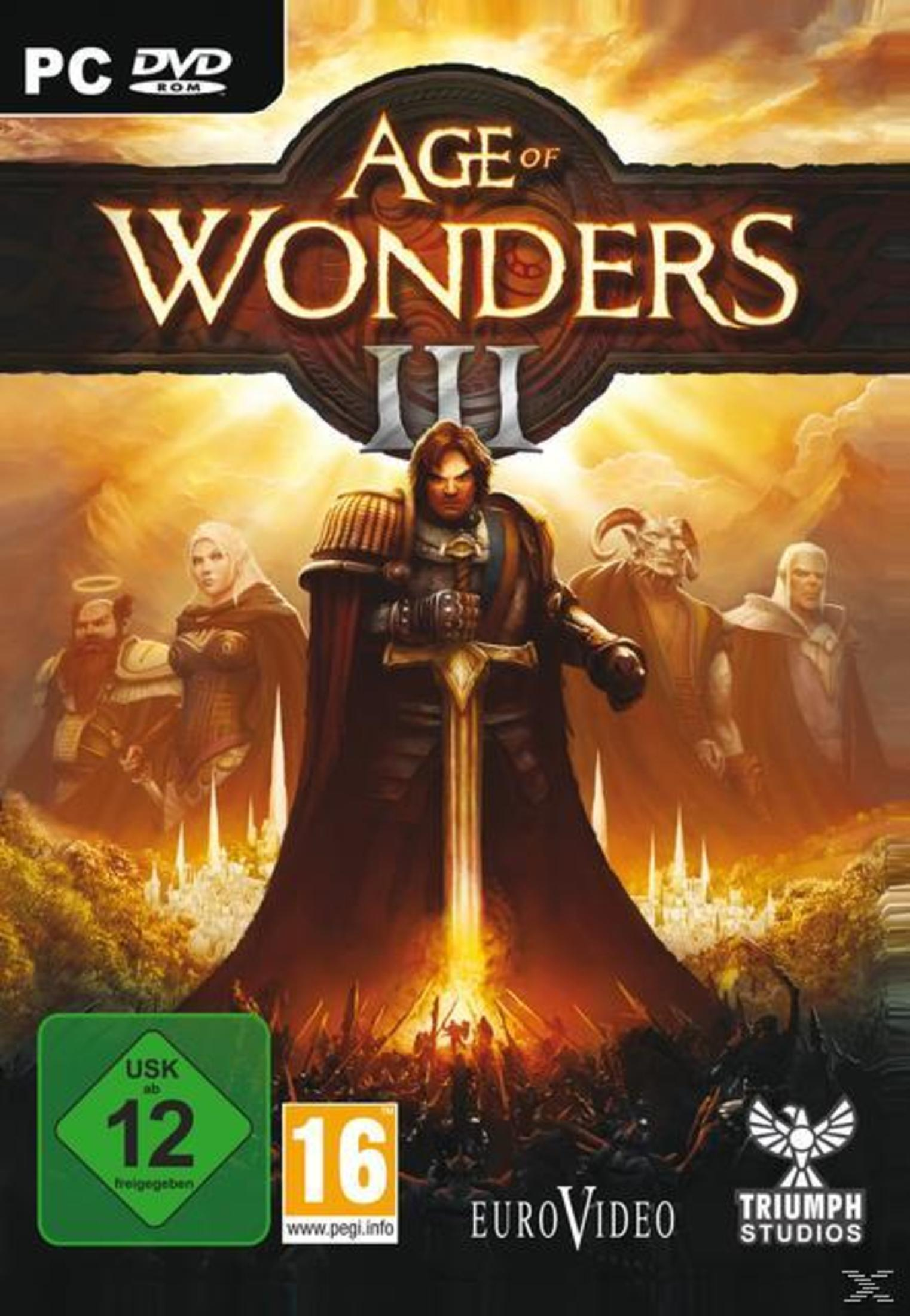 Copertina del gioco Age of Wonders III con uomo con spada, altri personaggi e classificazione per età.