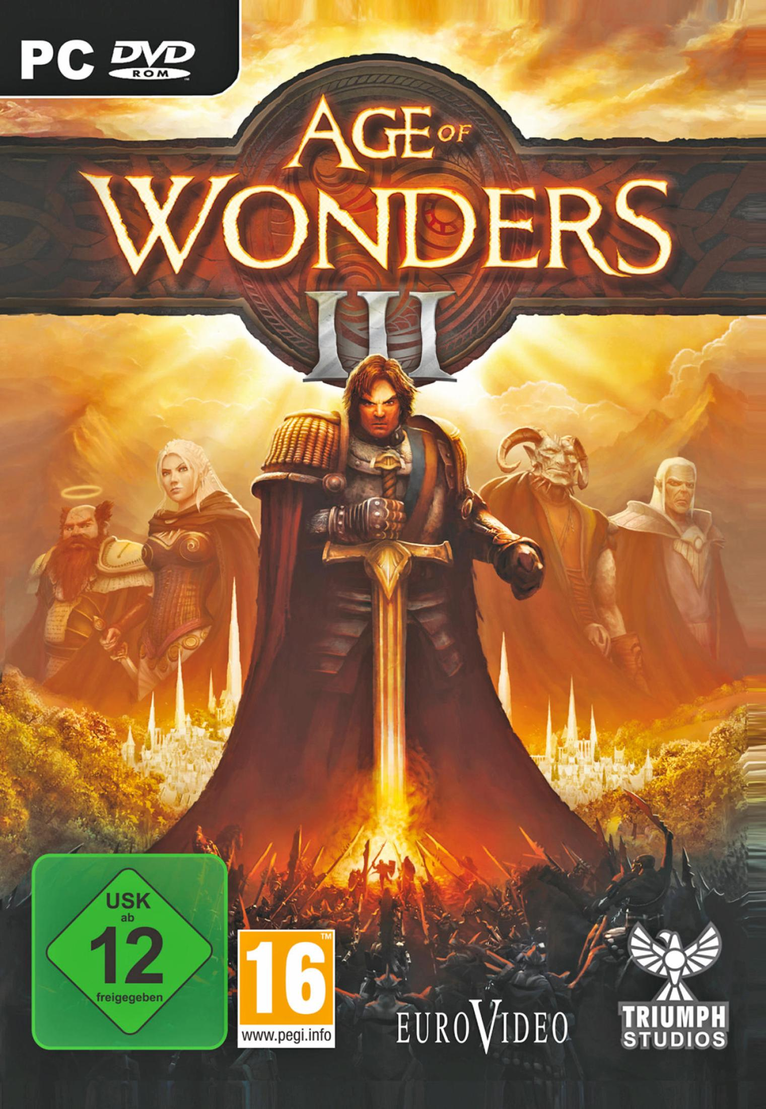 Copertina del gioco: Un cavaliere con una spada, testo 'Age of Wonders III', su sfondo nero.