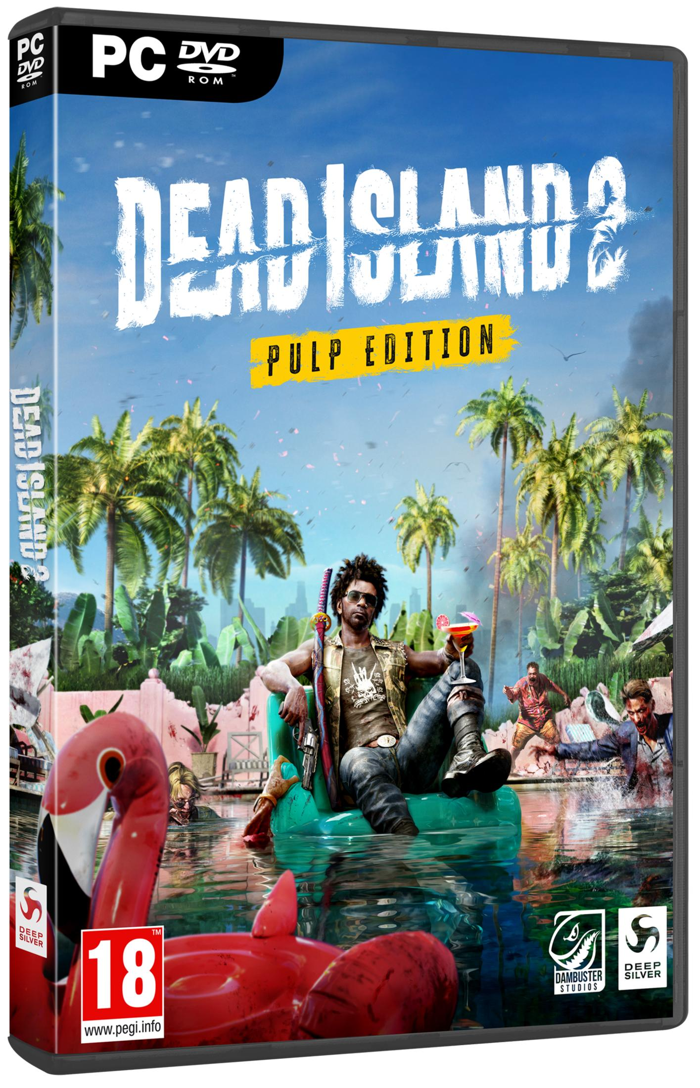 Dead Island 2: Pulp Edition-Spielcover. Ein Mann mit Cocktail sitzt in der Nähe eines rosa Flamingos im Wasser.