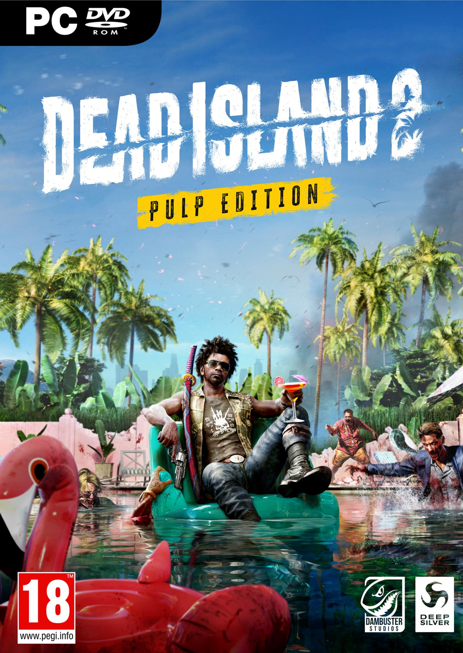 Spielbox-Kunst mit einem Mann auf einem Floß in tropischer Umgebung mit Zombies.
