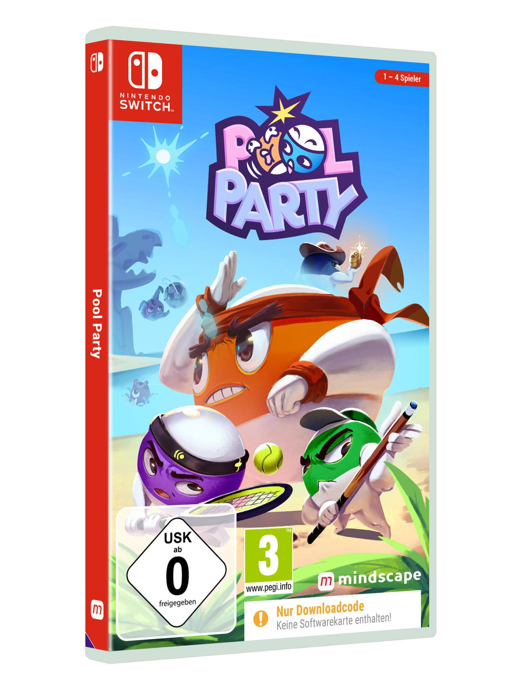 Spielbox-Art: Animierte Charaktere auf blauem Grund. Titel: Pool Party. Charaktere sind orange, lila und grün.