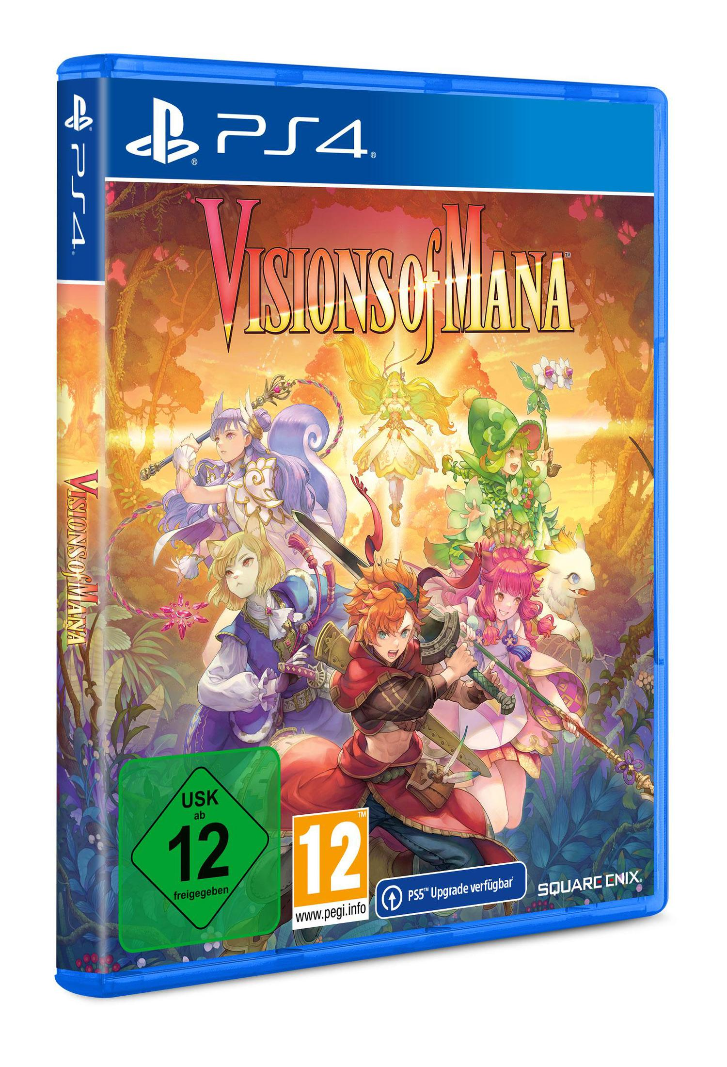 Spielcover für Visions of Mana auf PS4. Es zeigt mehrere Charaktere mit Schwertern und Magie in einer Waldumgebung.