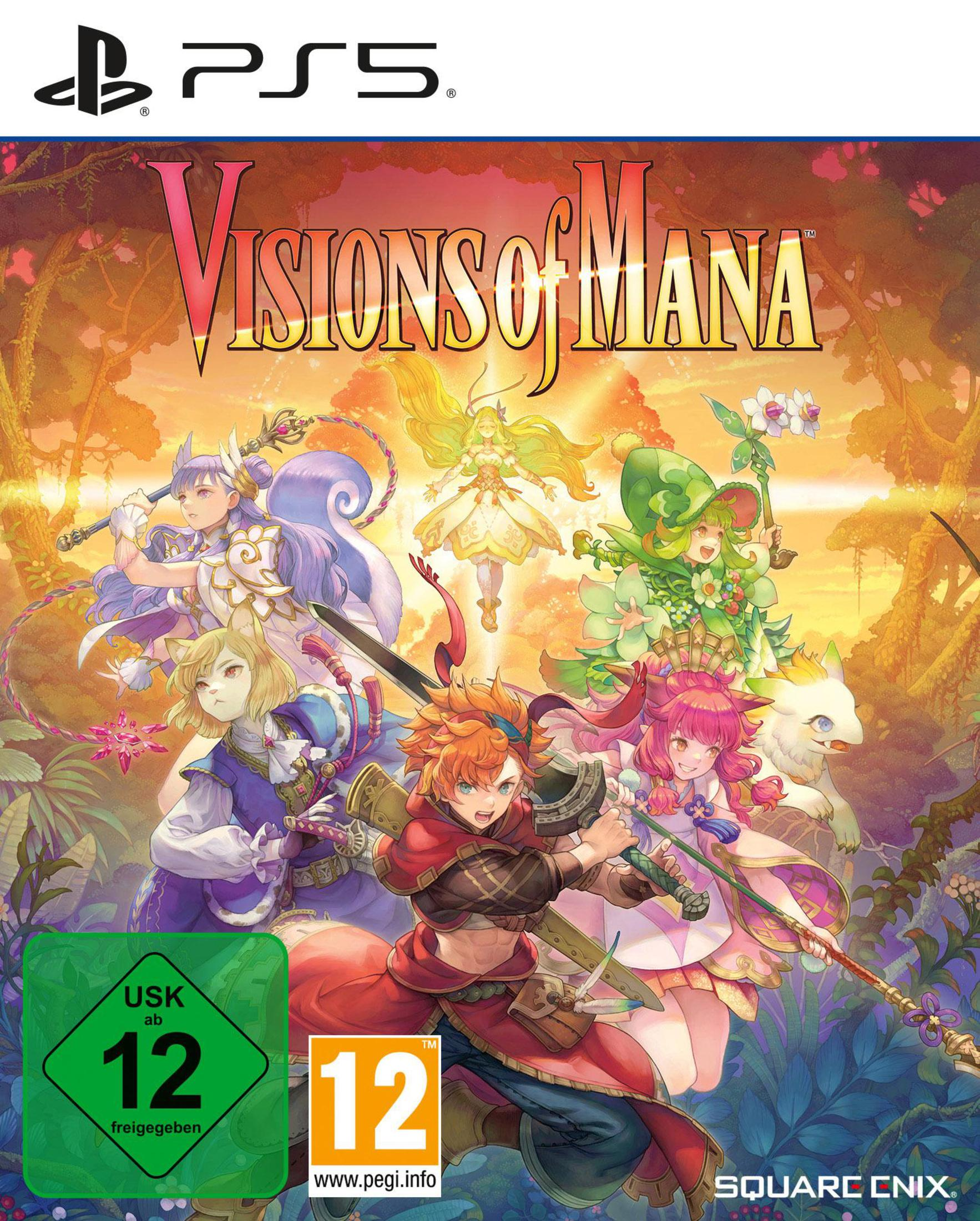 Spielcover: Anime-Charaktere, ein Mädchen mit Schwert und Text: Visions of Mana. Verschiedene Charaktere in einem Wald.