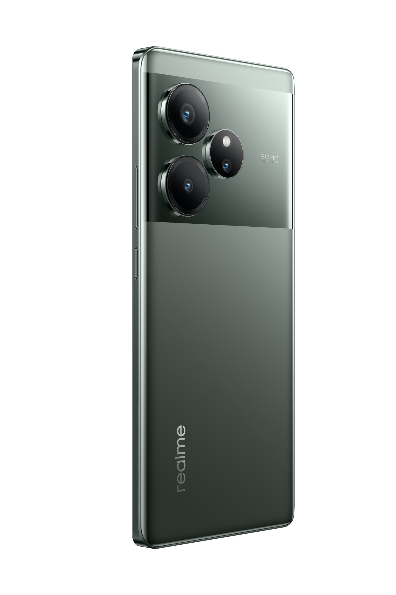 Zielony smartfon z trzema aparatami z tyłu, w eleganckim designie. Marka Realme.