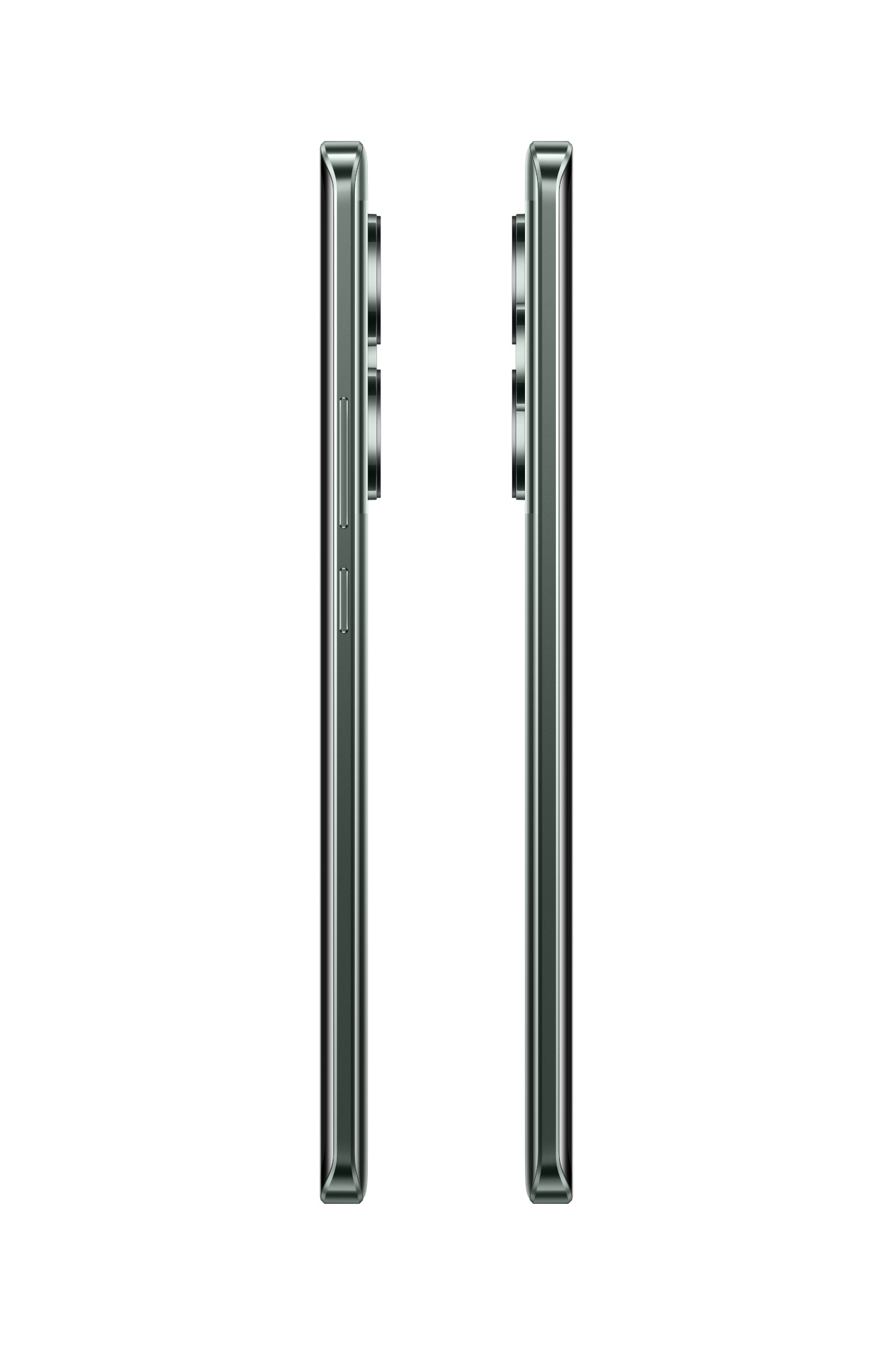 Dwa smartfony obok siebie. Są ciemnozielone z aparatami z boku.