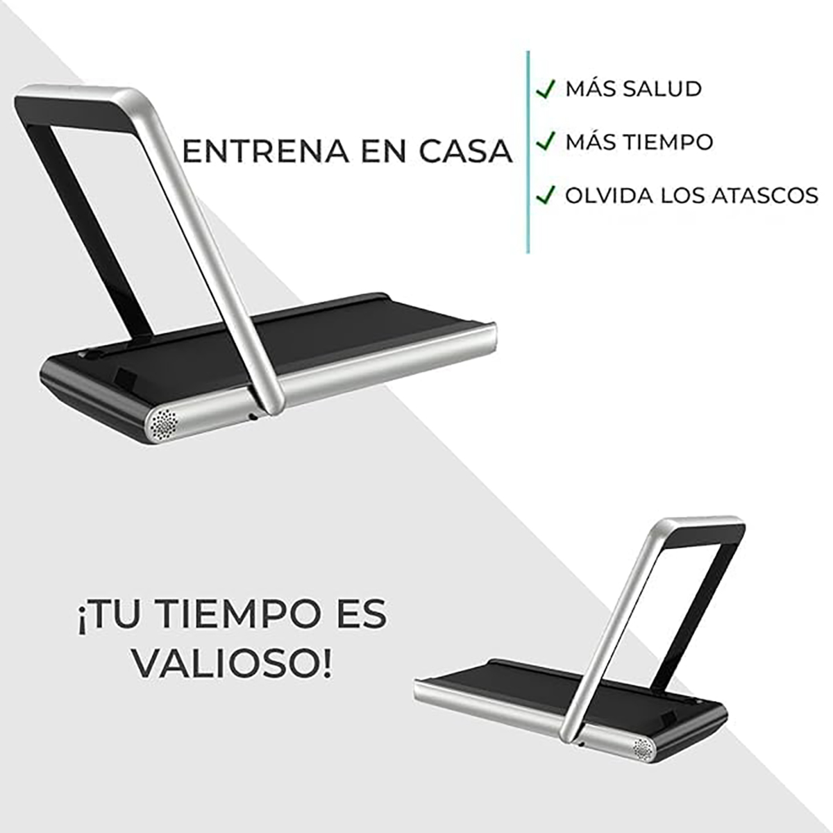 Two treadmills with a slogan in Spanish. The slogan promotes home exercise.