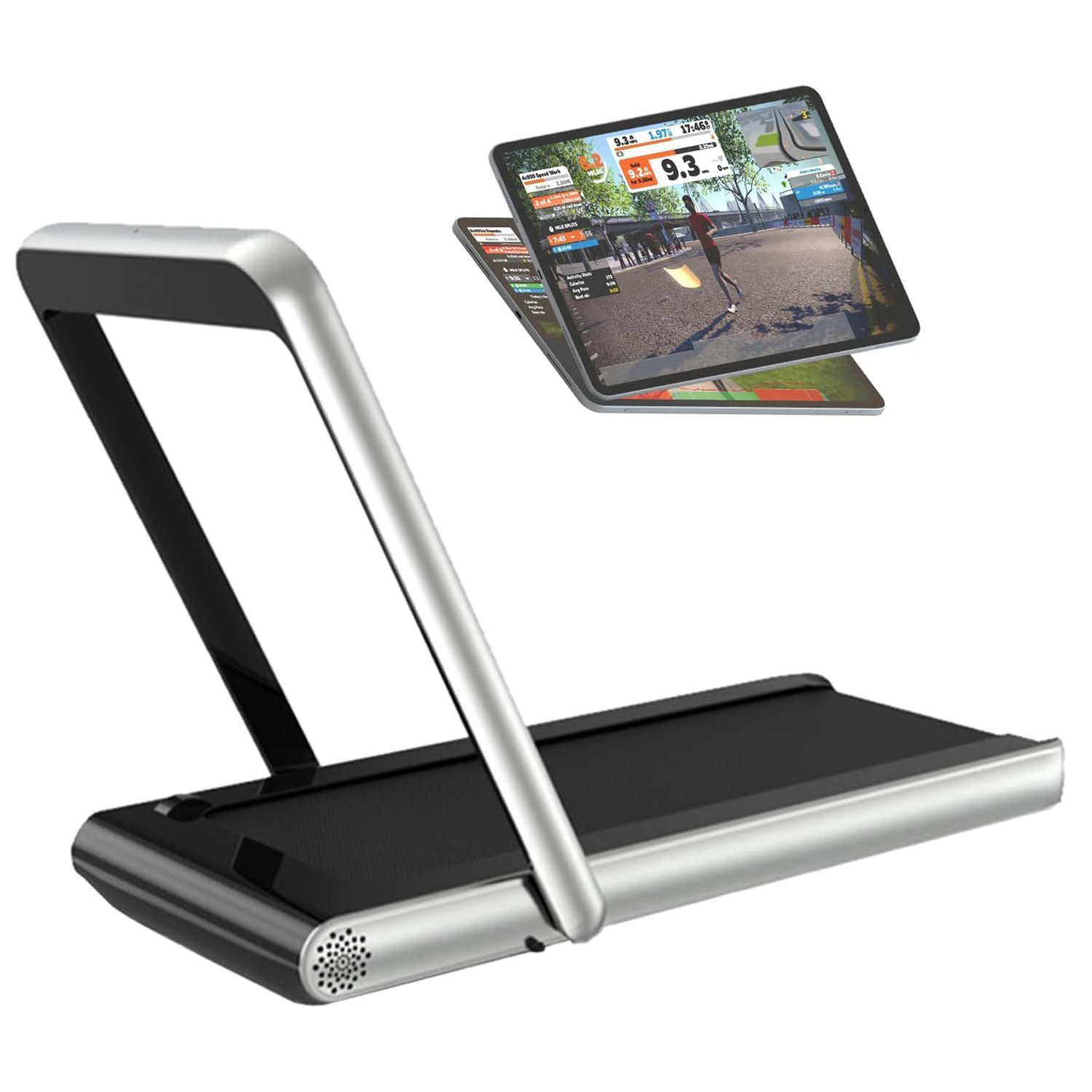 Foldable treadmill with digital display of a person running on a virtual course.