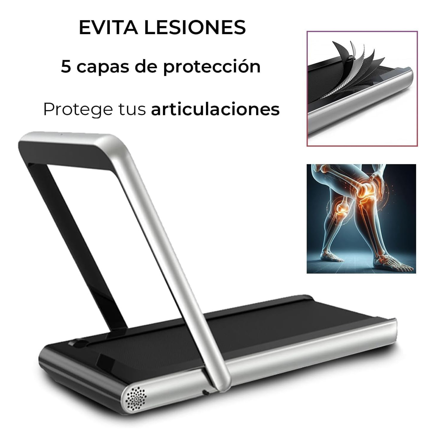 Treadmill with a raised handle. Text says 'Evita Lesiones' and '5 capas de protección'.