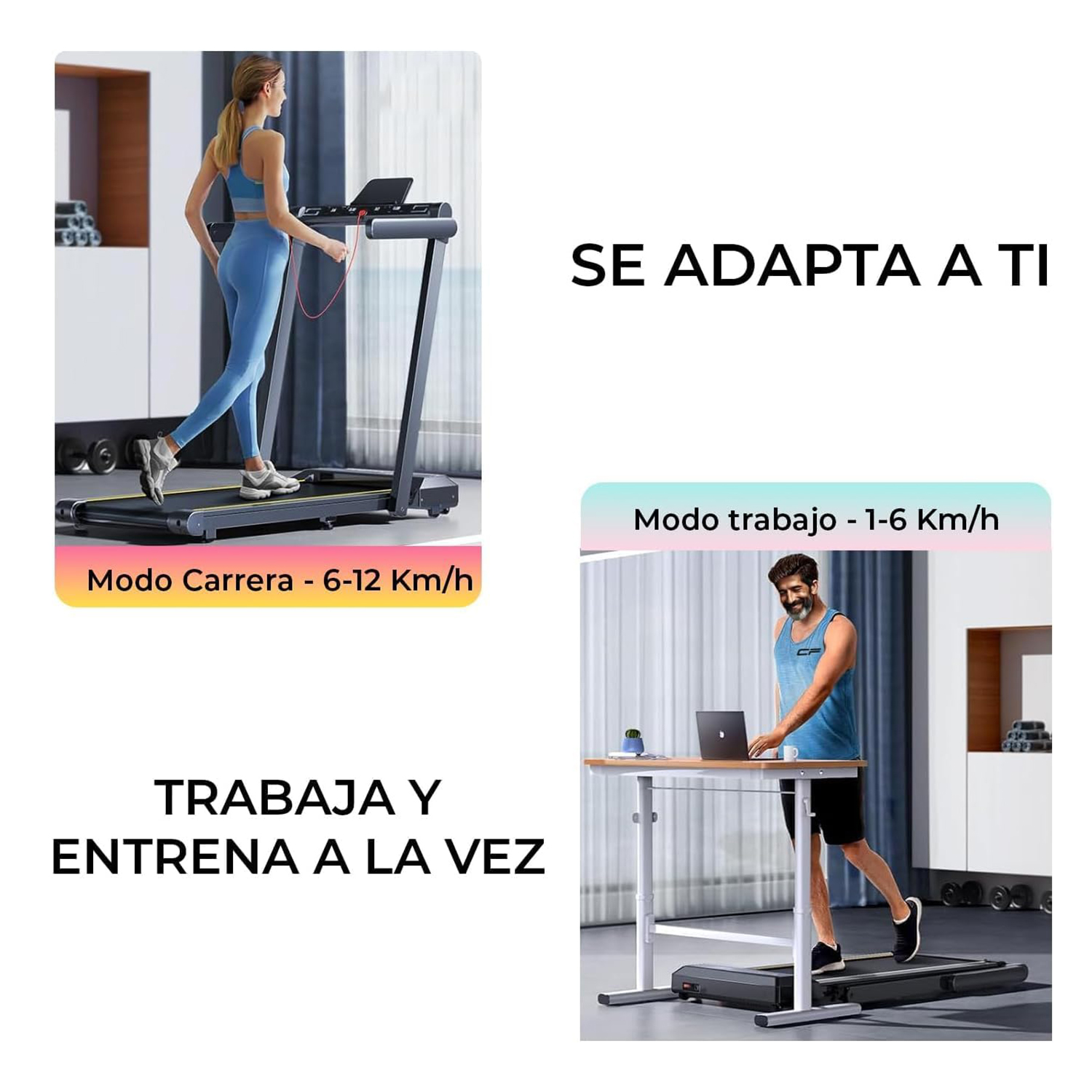 A woman on a treadmill and a man working at a desk with a treadmill.