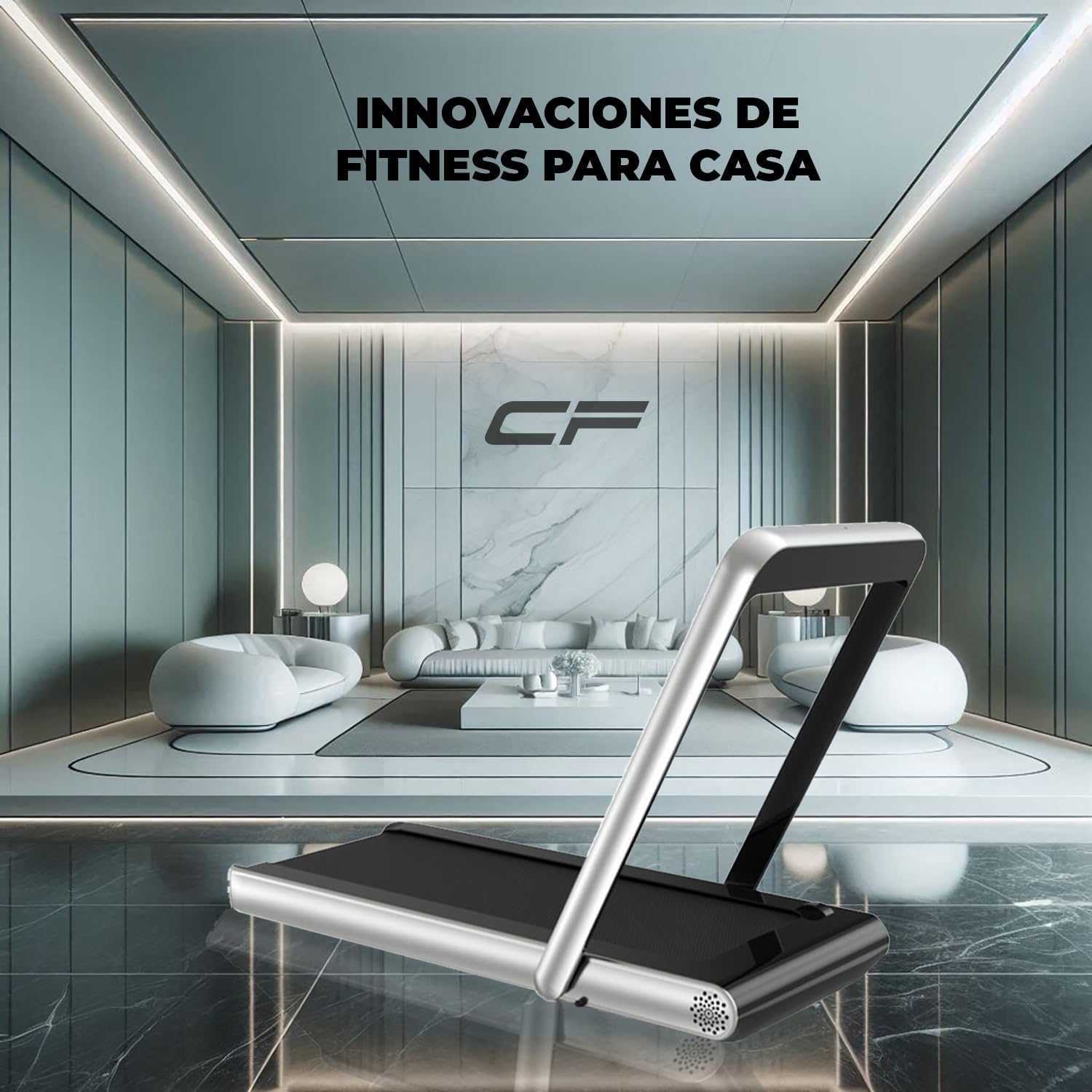 Treadmill in a modern room with text "Innovations de Fitness Para Casa."