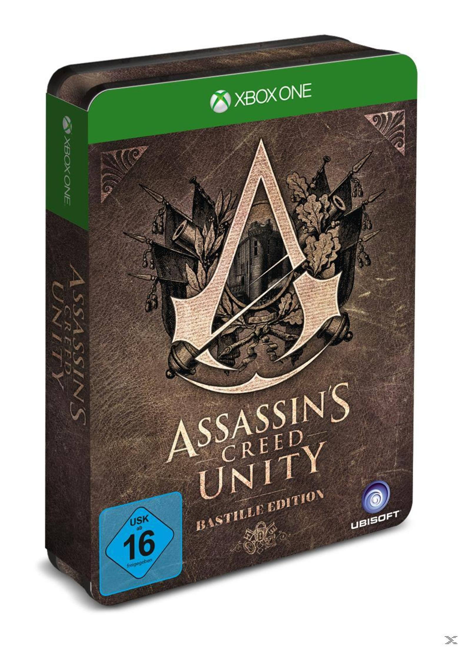 Spielbox-Art. Assassin's Creed Unity. Titel: Assassin's Creed Unity. Hintergrund: ein Wappen und ein Gebäude.