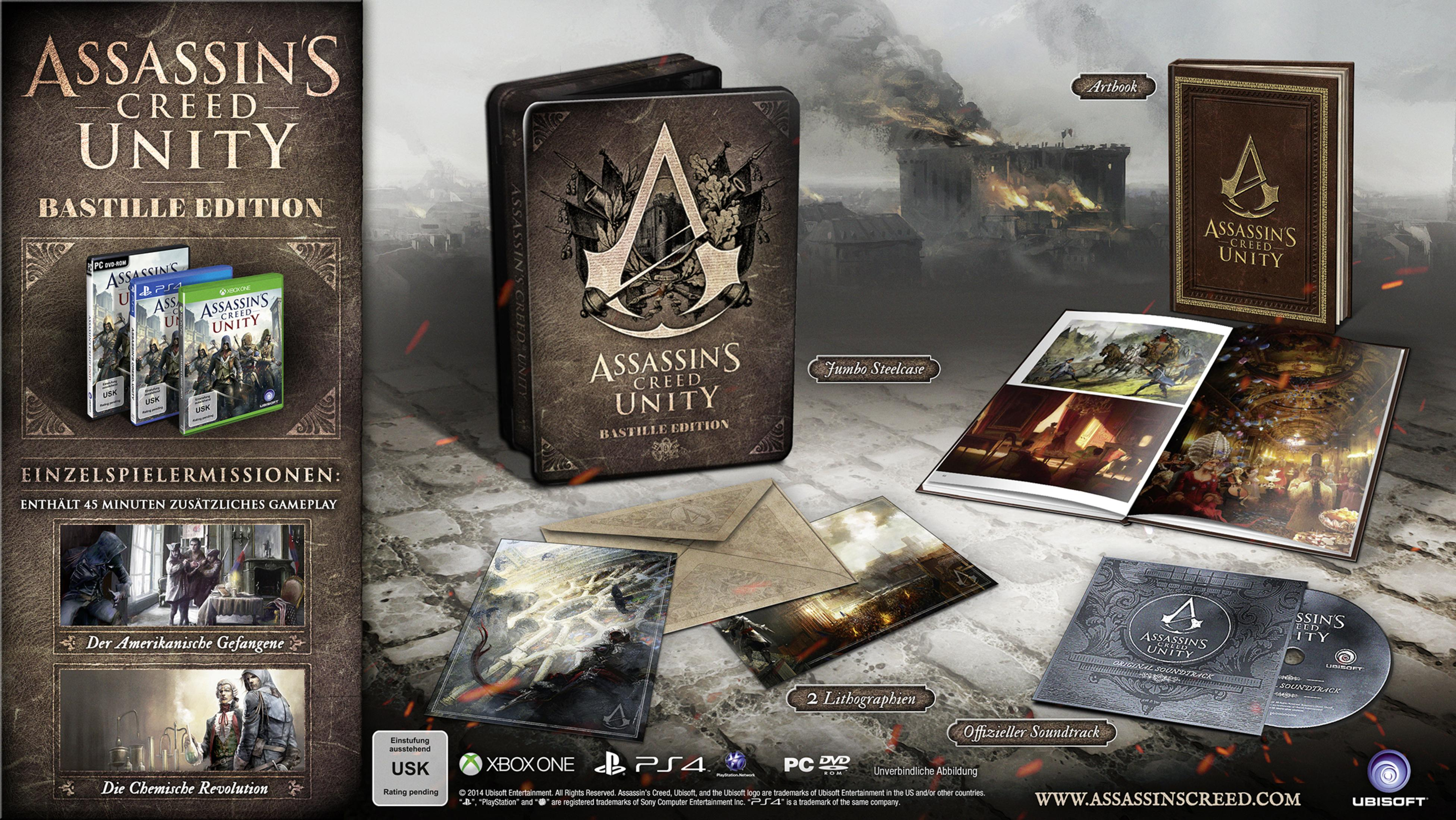Assassin's Creed Unity Bastille Edition Spielbox-Set mit Spiel-Discs und Kunst.