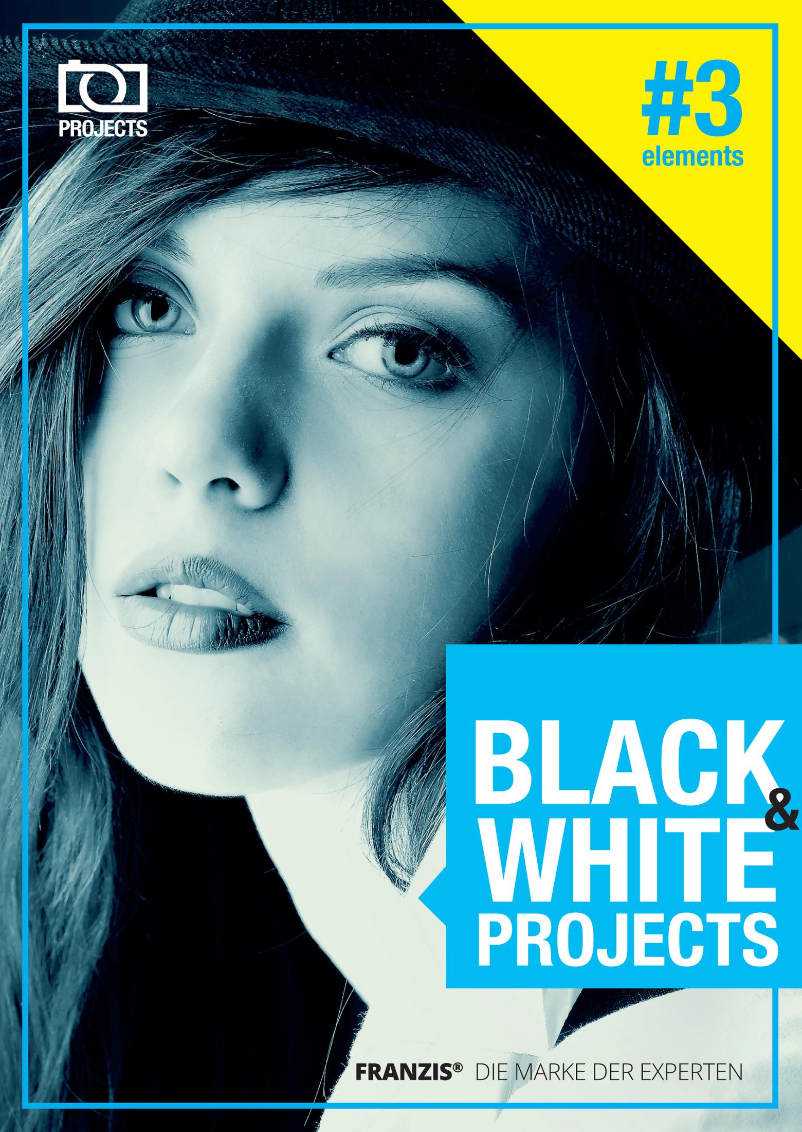 Frauengesicht, schwarzer Hut und blauer Text 'Black & White Projects' auf gelbem Hintergrund.