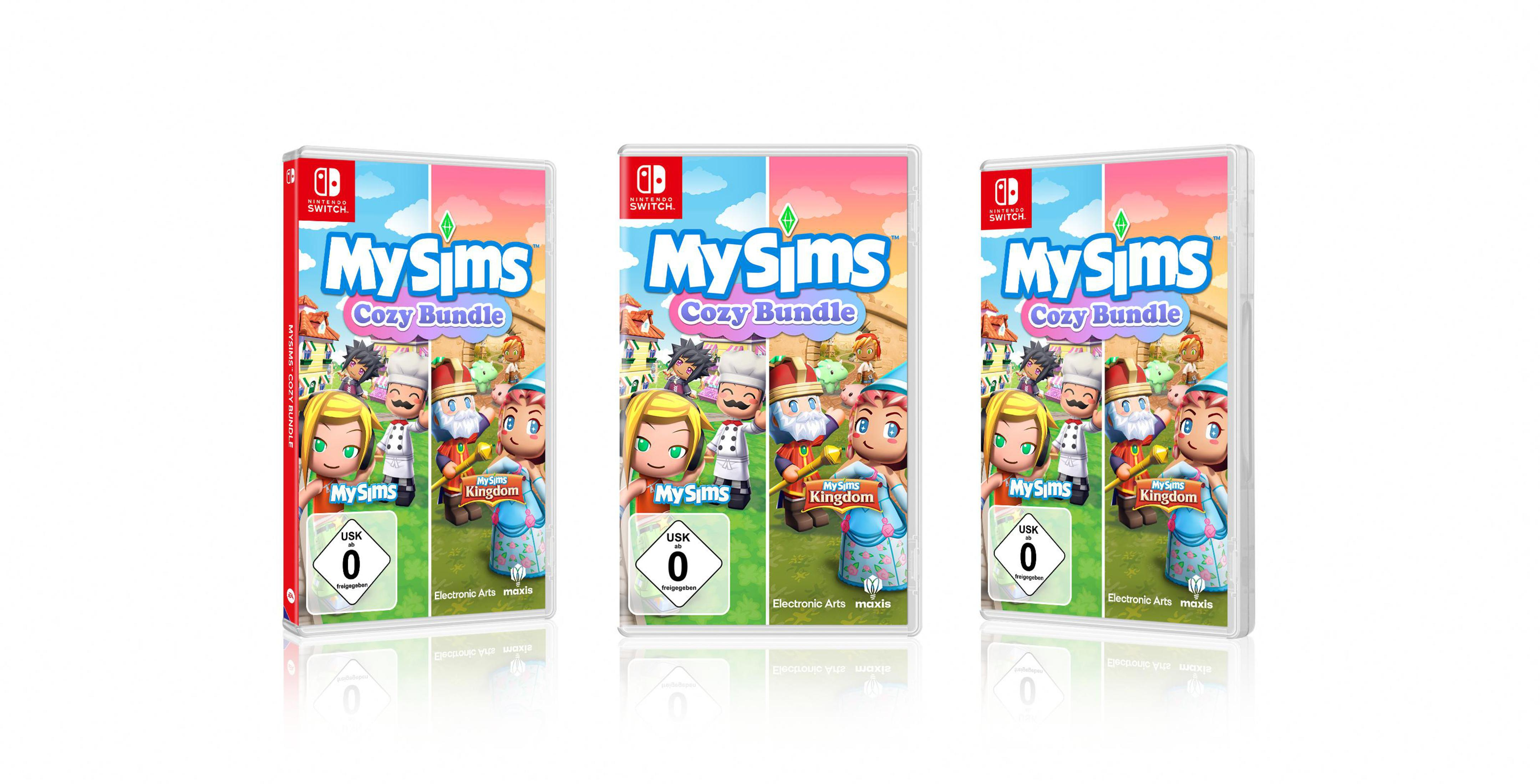 Drei Spielboxen für 'My Sims Cozy Bundle'. Sie zeigen animierte Charaktere auf hellem Hintergrund.
