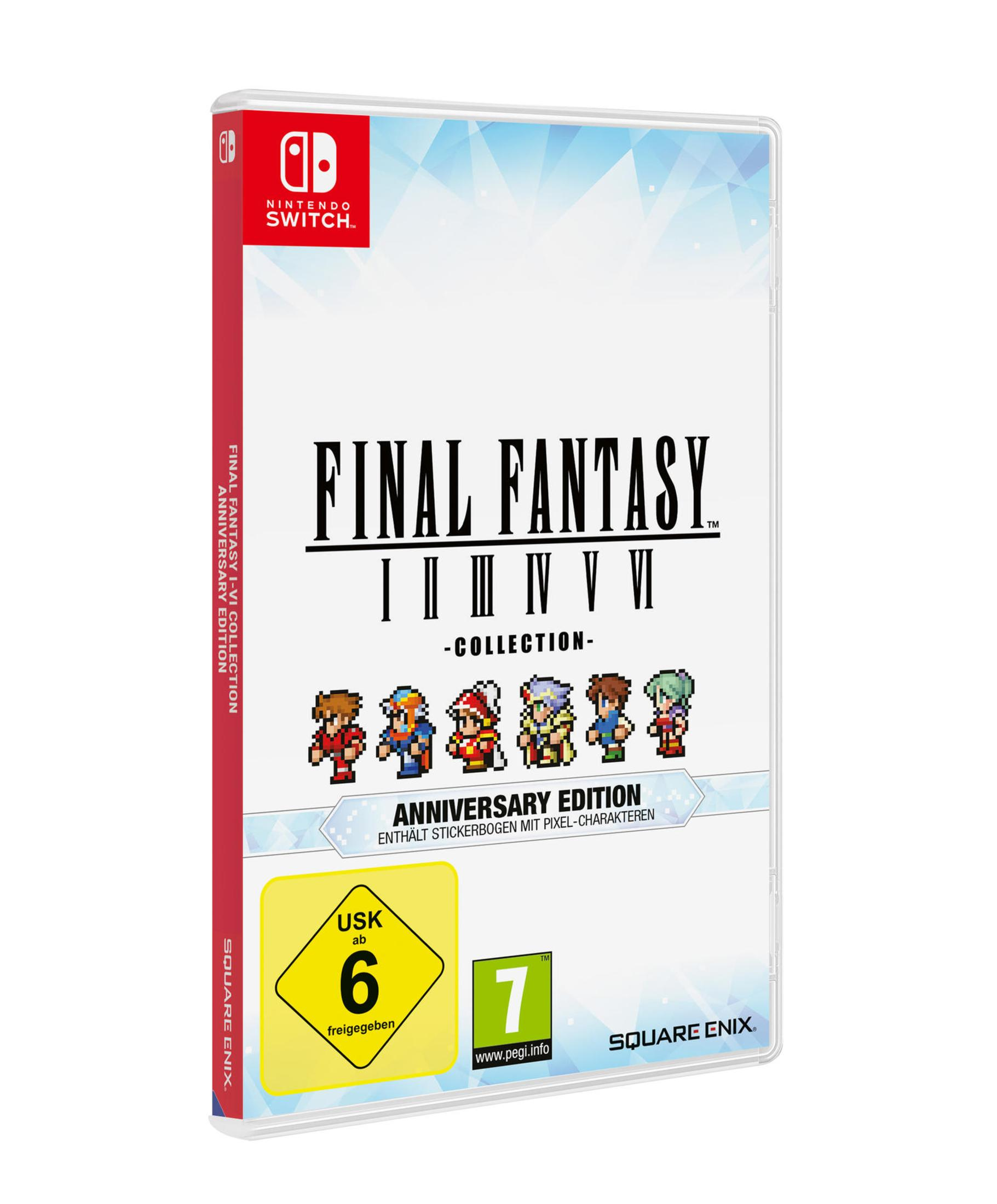 Final Fantasy I-VI Collection Spielhülle. Pixelige Charaktere werden zusammen mit 'Anniversary Edition' gezeigt.