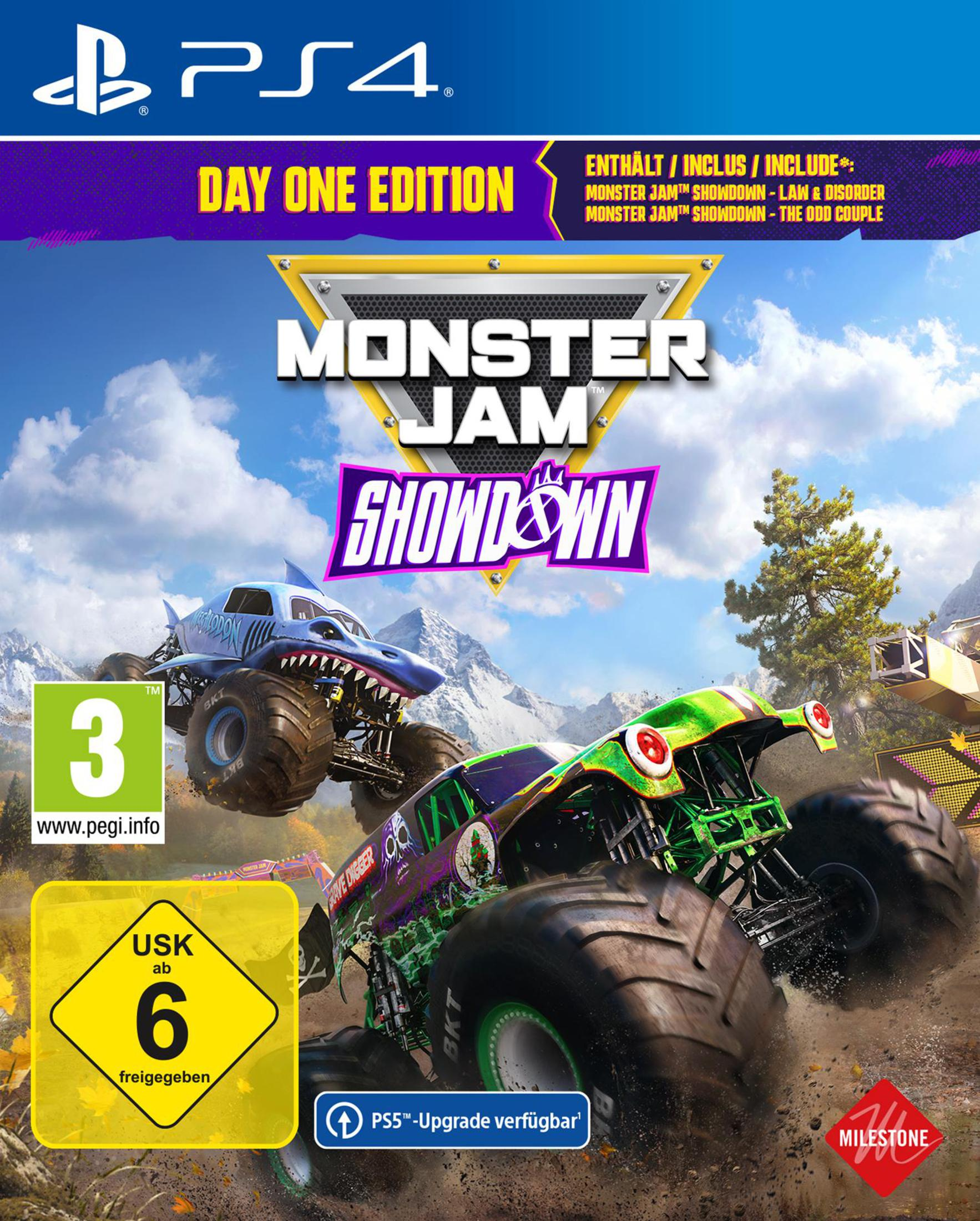Spielcover: Monster Jam Showdown. Zwei Monstertrucks, einer im Hai-Design, rasen auf einer Dirt-Strecke unter blauem Himmel.