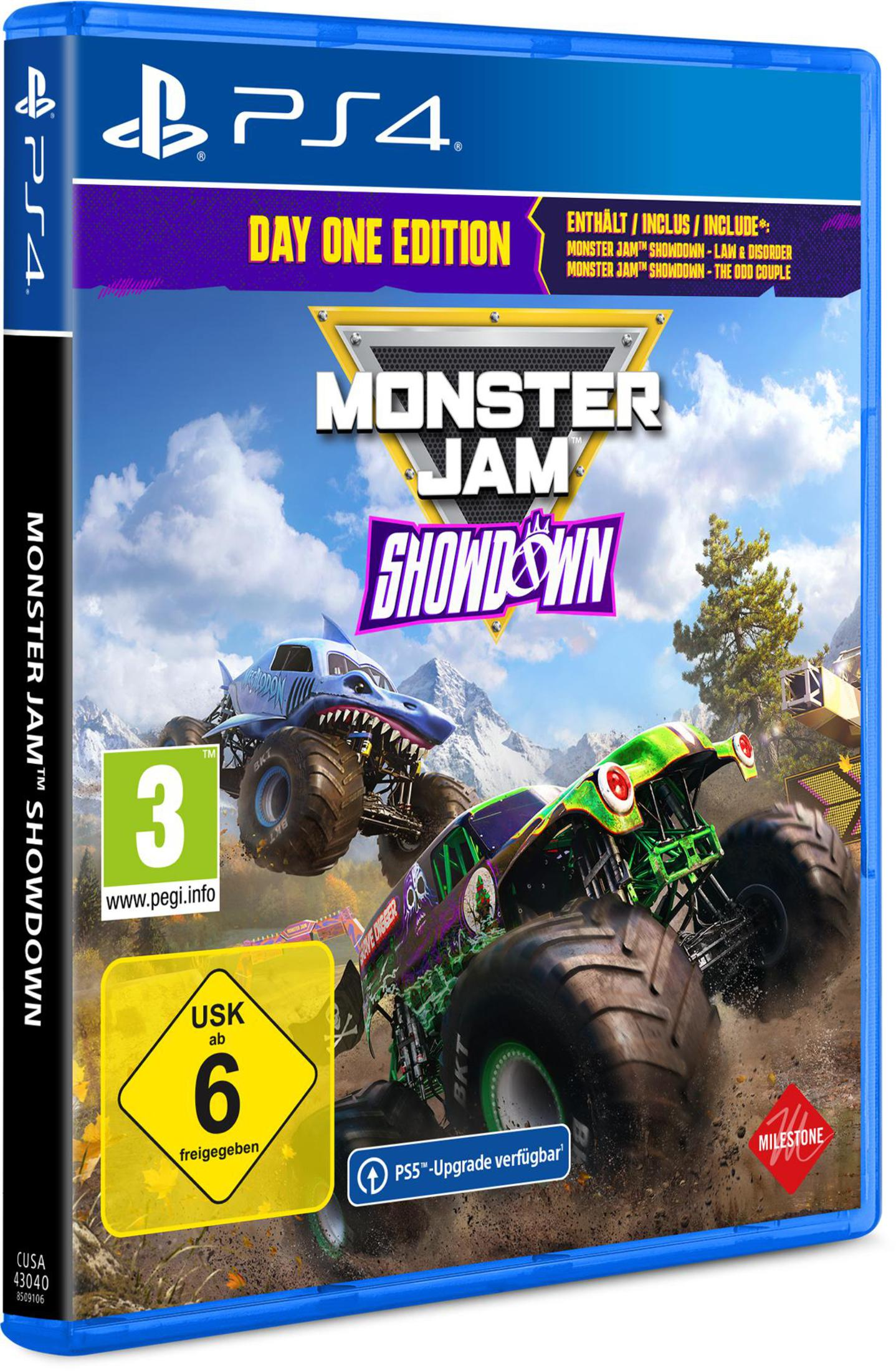 Monster Jam Showdown PS4-Spielbox-Art, mit Monstertrucks.