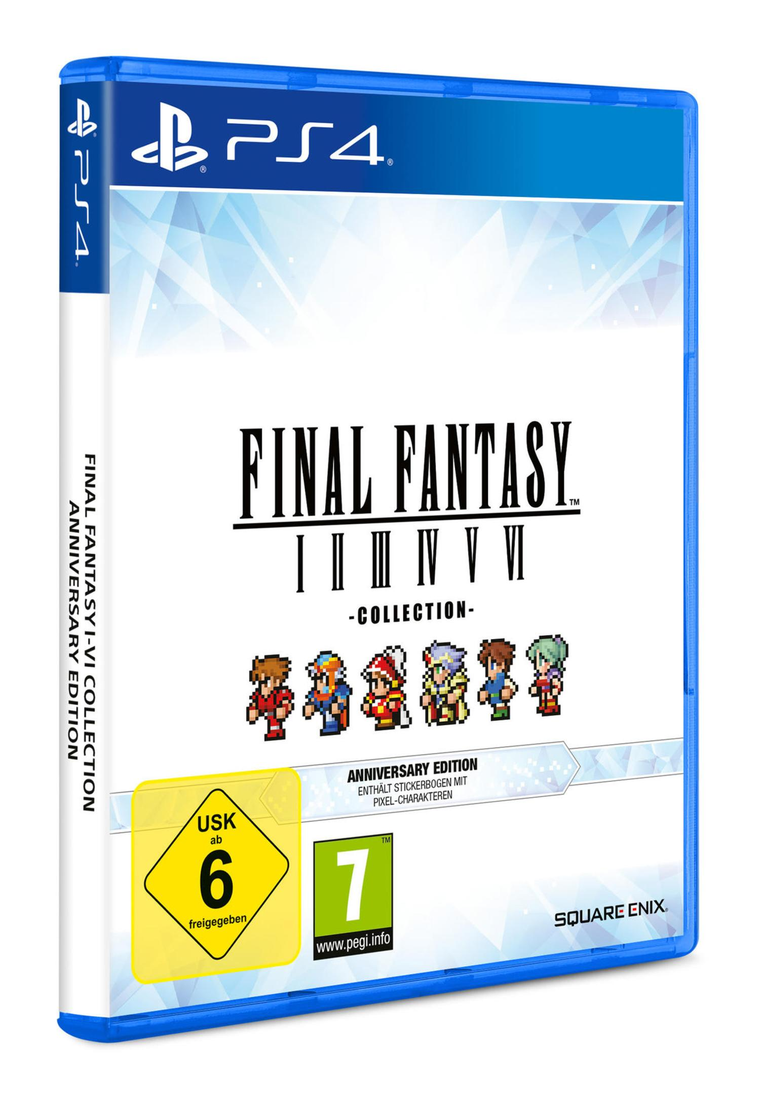 Eine PS4-Spielbox mit dem Titel "Final Fantasy I-VI Collection". Enthält Pixel-Art-Charaktere.