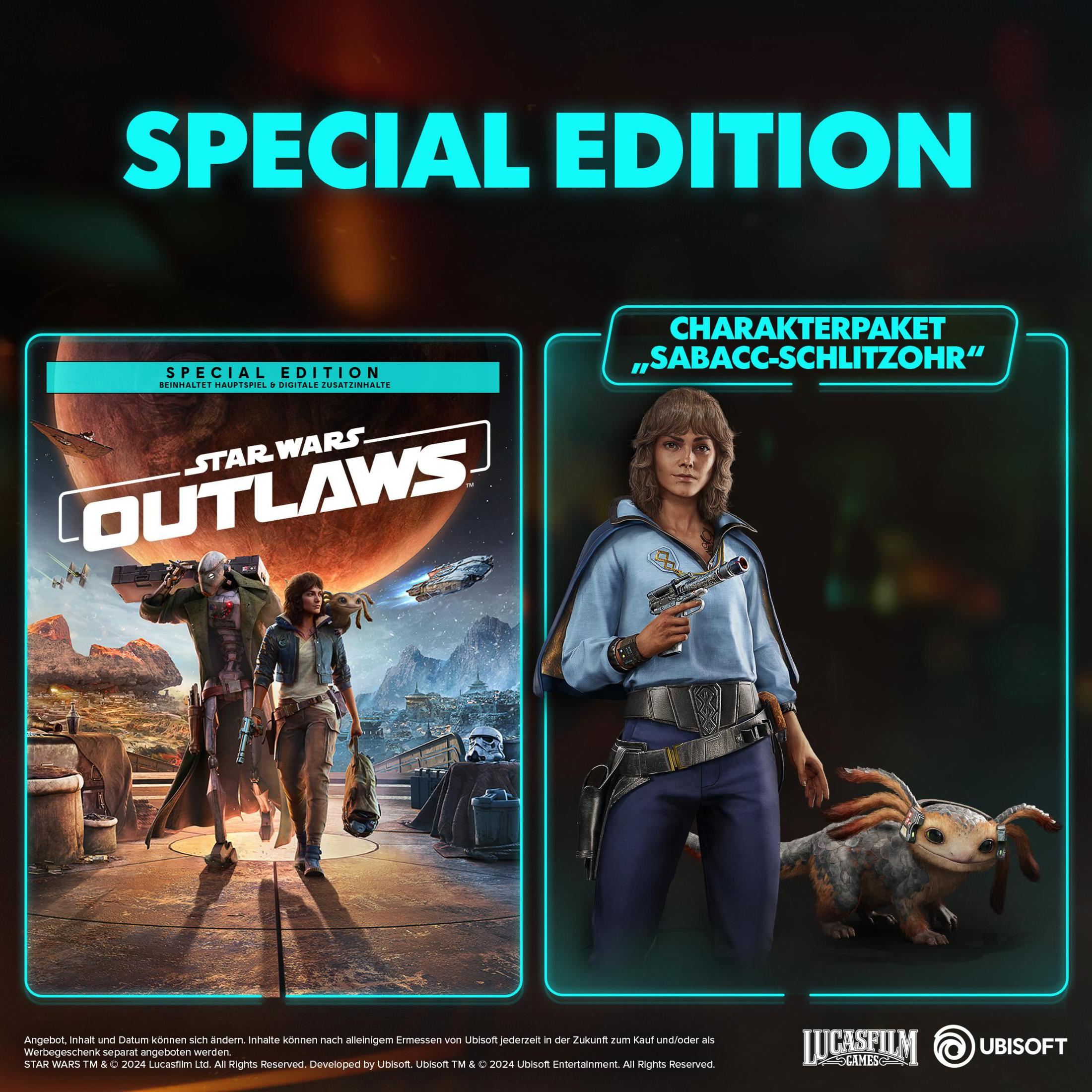 Star Wars Outlaws Special Edition Spielhülle und eine Figur mit Blaster und Haustier.