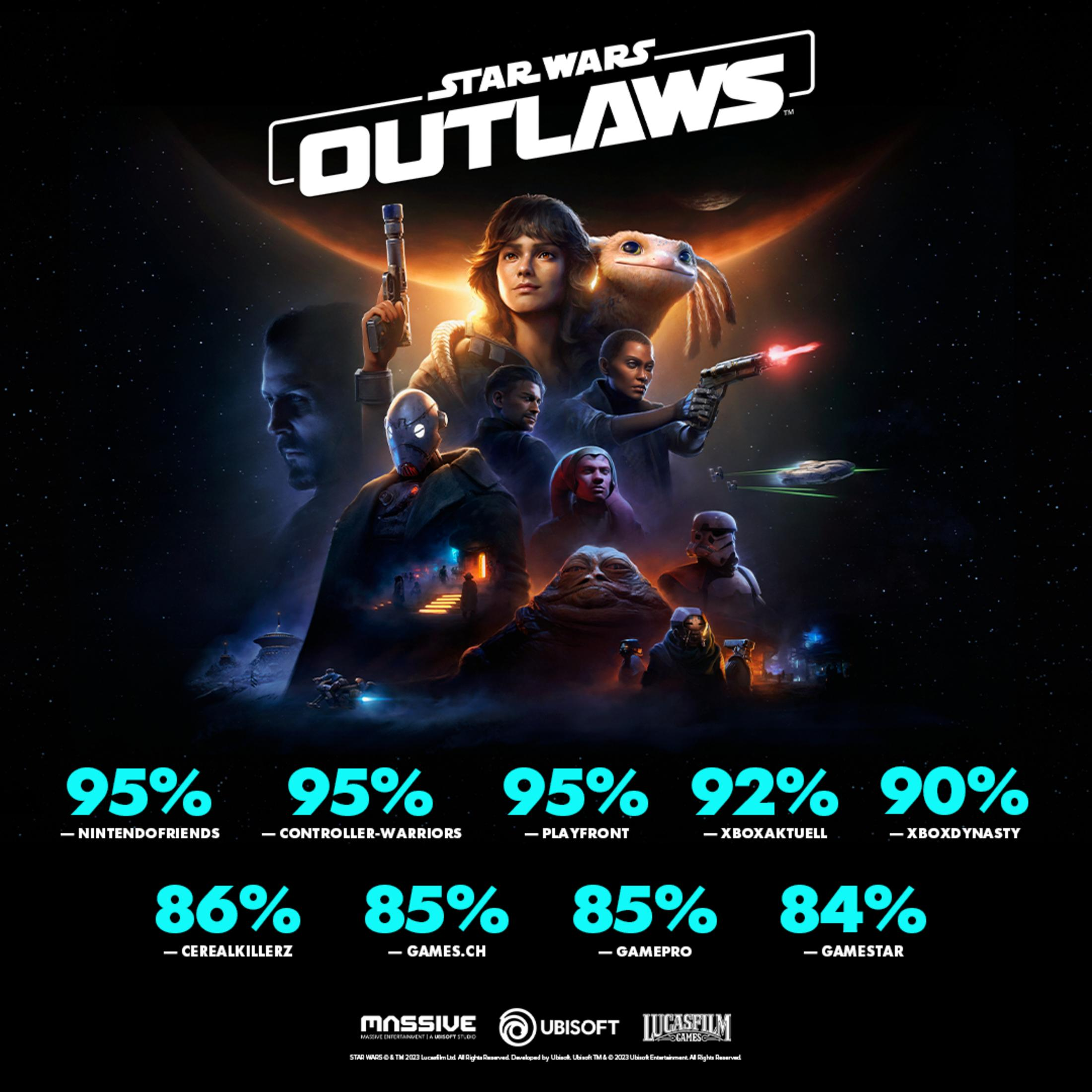 Spiel-Artwork für 'Star Wars Outlaws' mit mehreren Charakteren und Weltraumhintergrund, Bewertung.