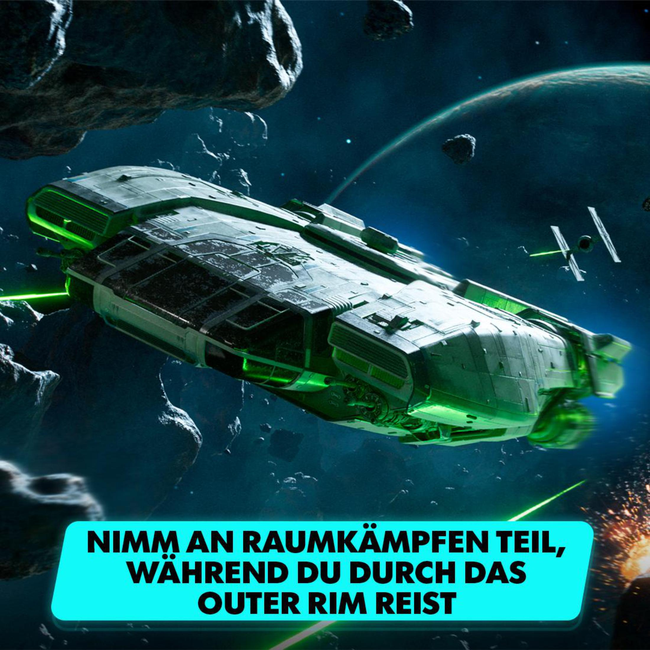 Raumschiff im Weltraum, der Hintergrund ist mit Sternen und Planeten gefüllt.