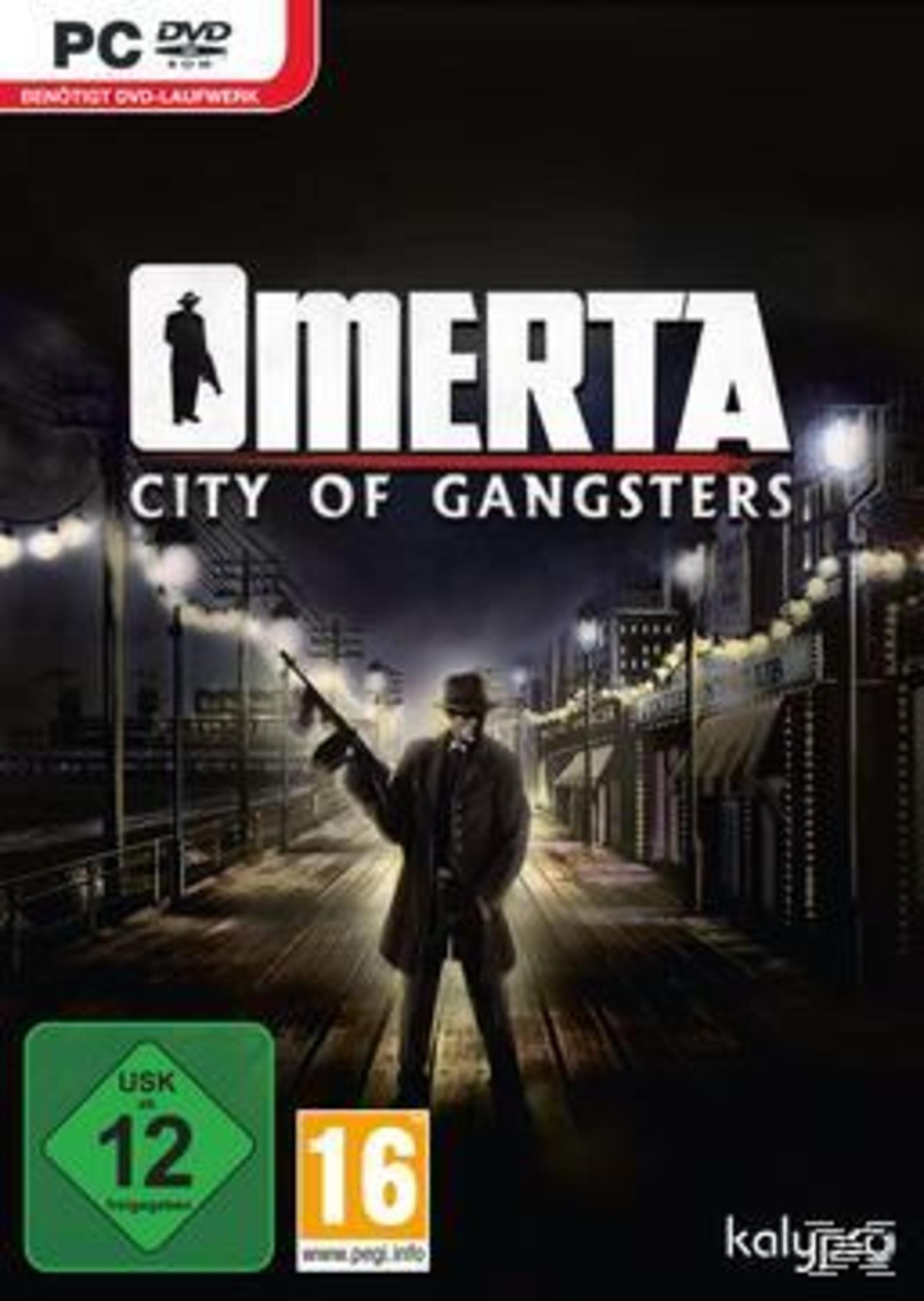 Spielcover zeigt einen Mann mit einer Waffe in einer Stadtstraße. Das Wort 'OMERTA' steht oben.