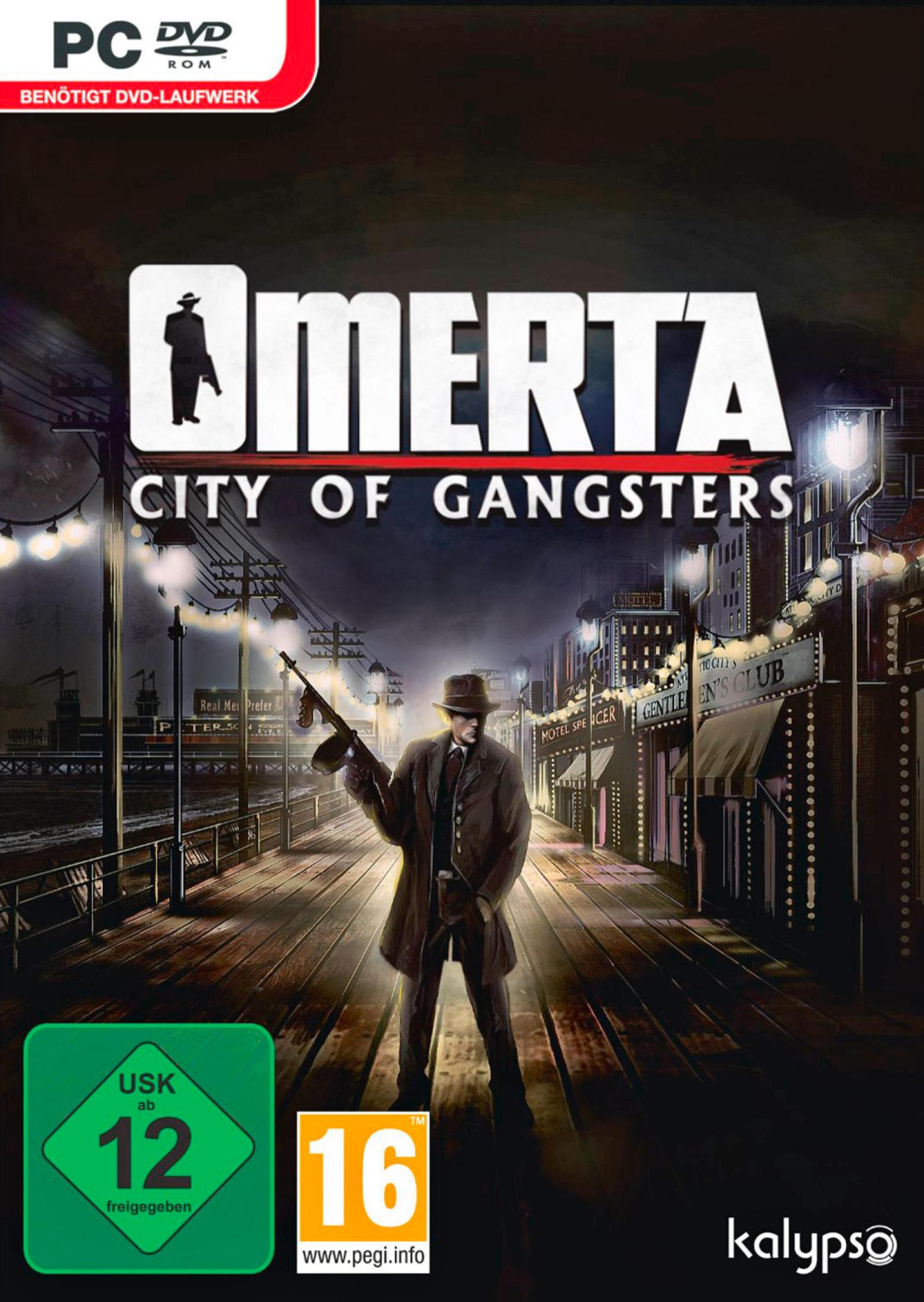 Spielcover für Omerta: City of Gangsters. Ein Mann mit einer Waffe geht auf einem Pier.