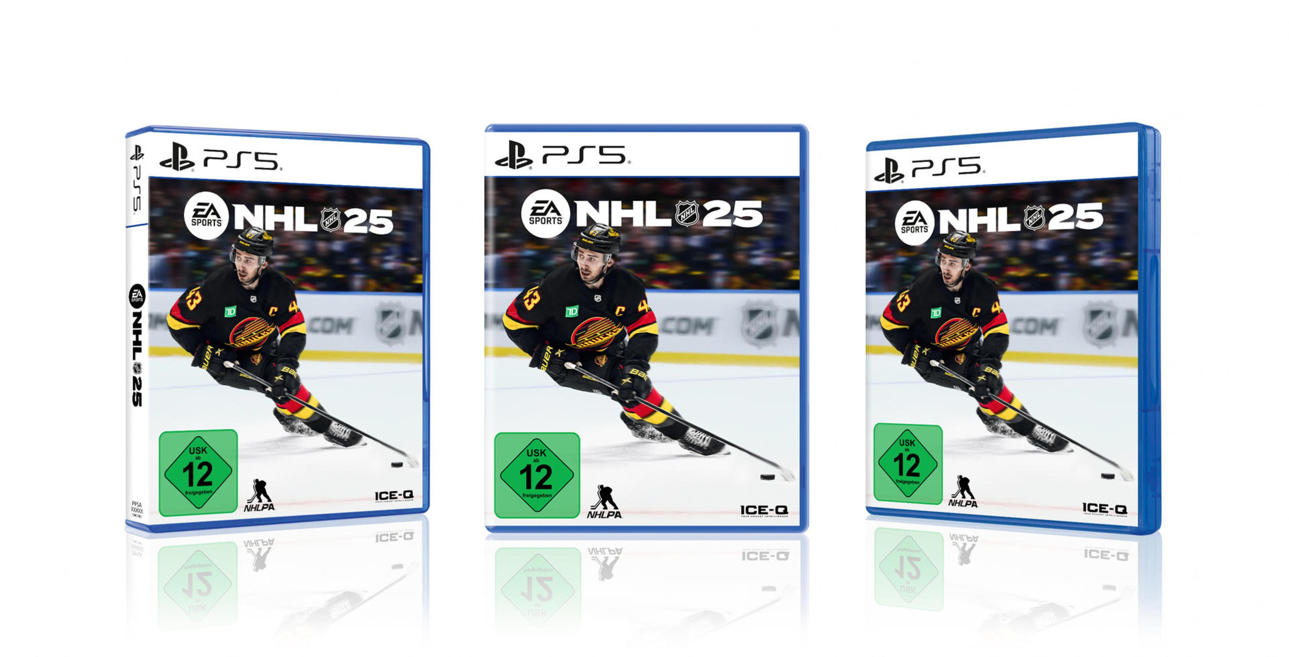 Drei PS5-Spielhüllen mit dem NHL 25-Cover. Auf dem Cover ist ein Eishockeyspieler abgebildet.