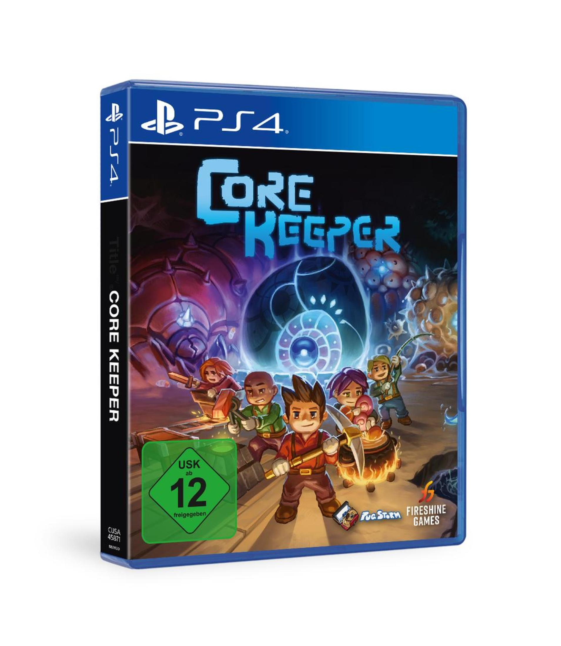 PS4-Spielbox 'Core Keeper' mit einer Gruppe von Cartoon-Minenarbeitern in einer farbenfrohen Höhlenumgebung.