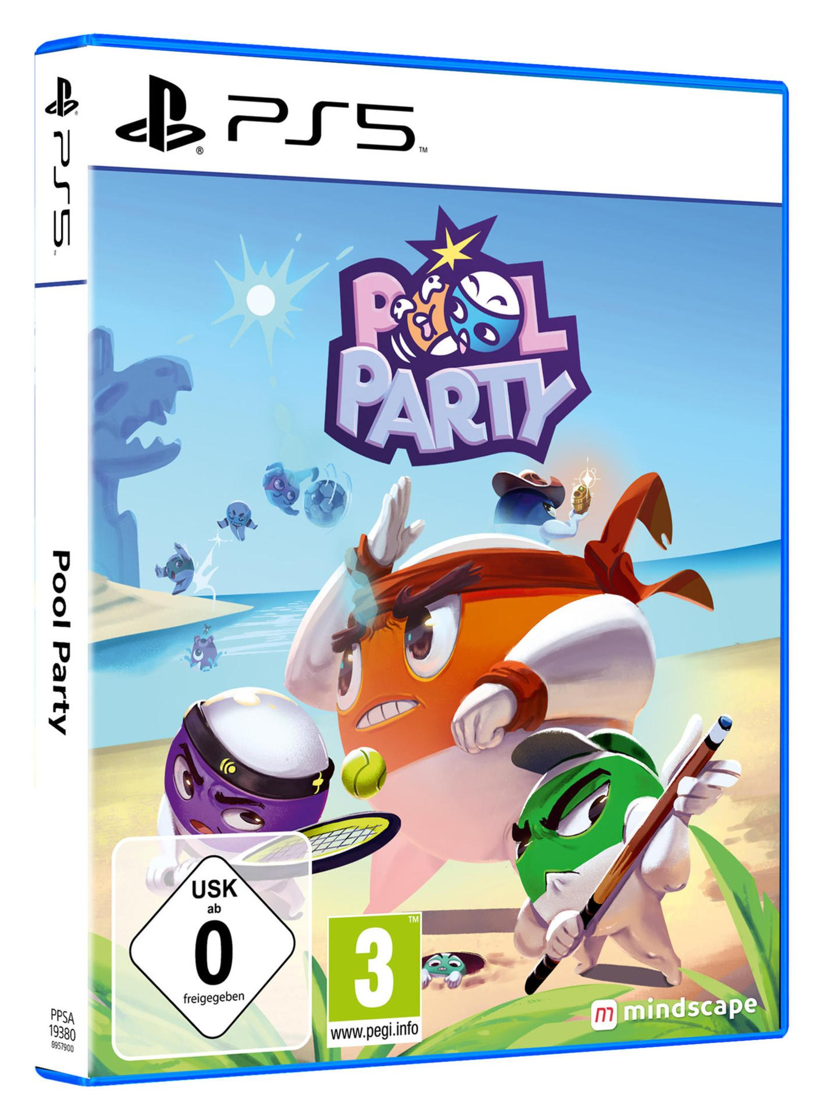 Pool Party Spielbox-Art: animierte Charaktere. Die Hauptfigur ist orange und hat einen Tennisball.