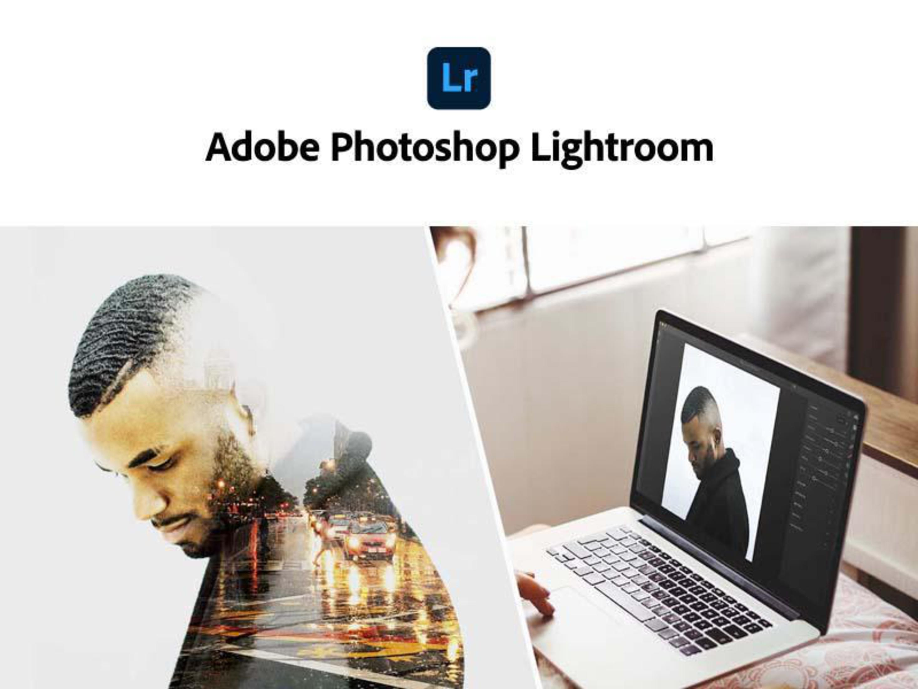 Logo Adobe Photoshop Lightroom, volto di uomo con sovrapposizione di paesaggio urbano e laptop.