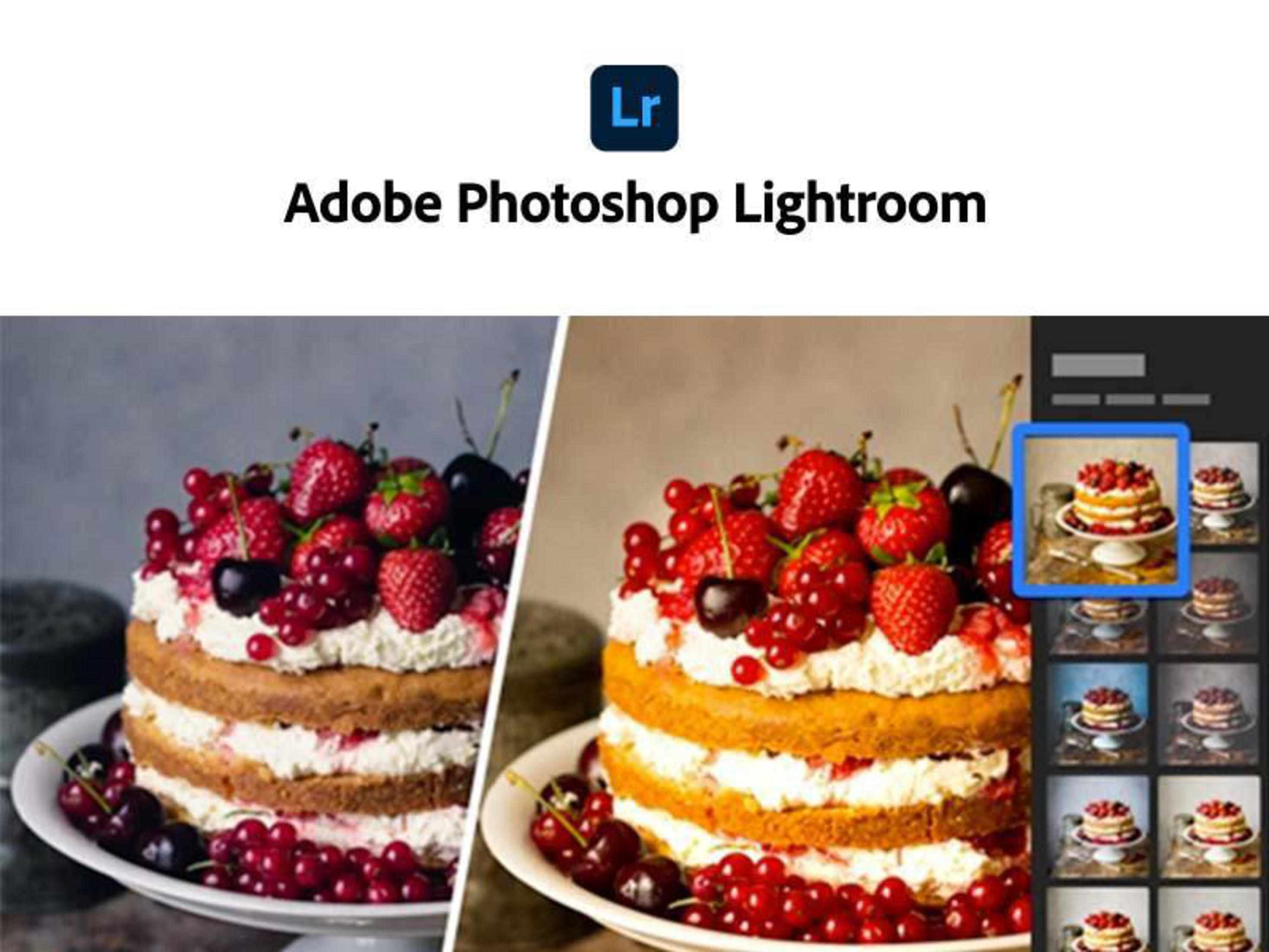 Una torta con frutti di bosco, prima e dopo la modifica con Adobe Photoshop Lightroom, con una selezione di filtri.