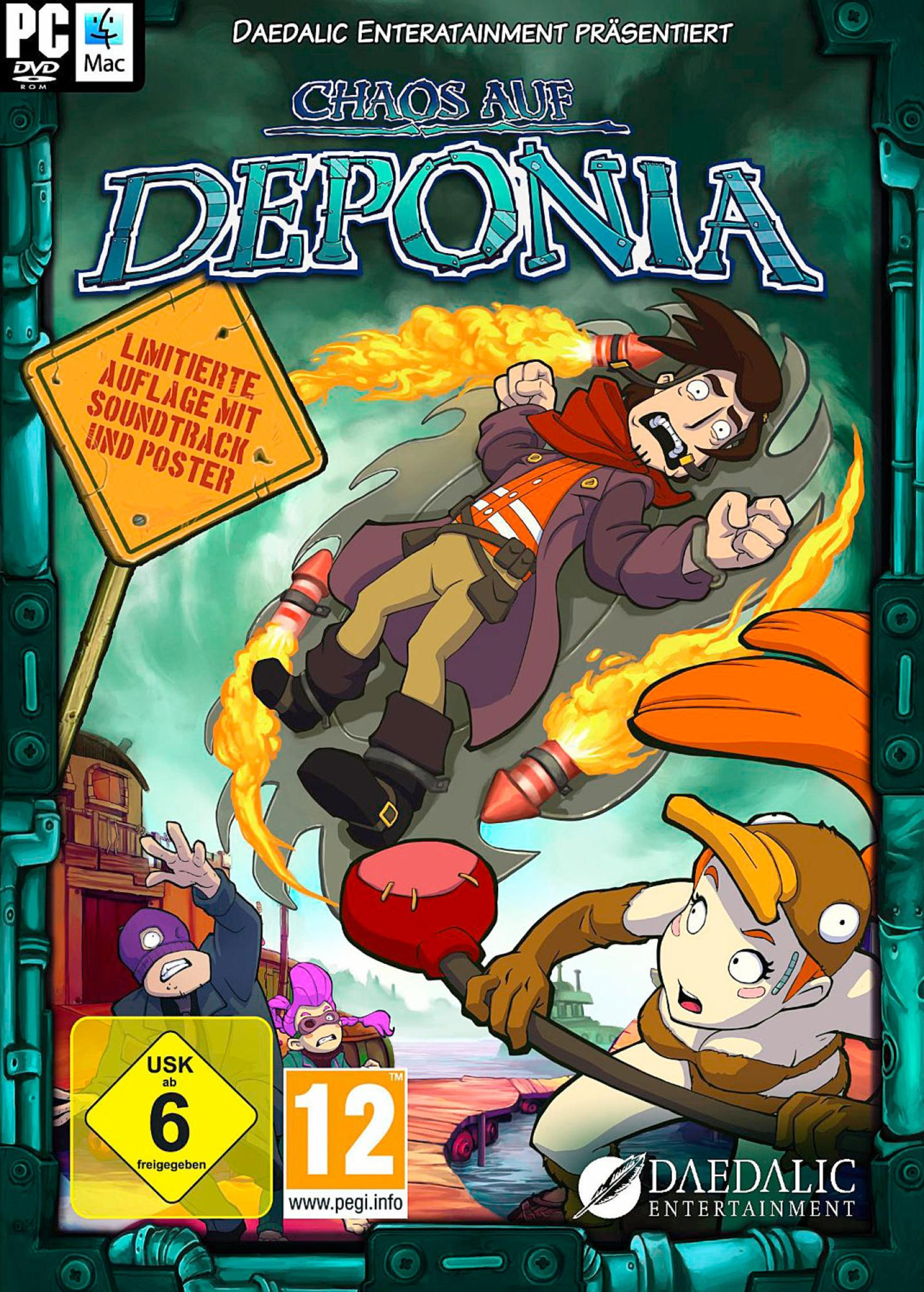 Okładka gry z postaciami z kreskówek, żółtym znakiem i tytułem 'Chaos auf Deponia'.